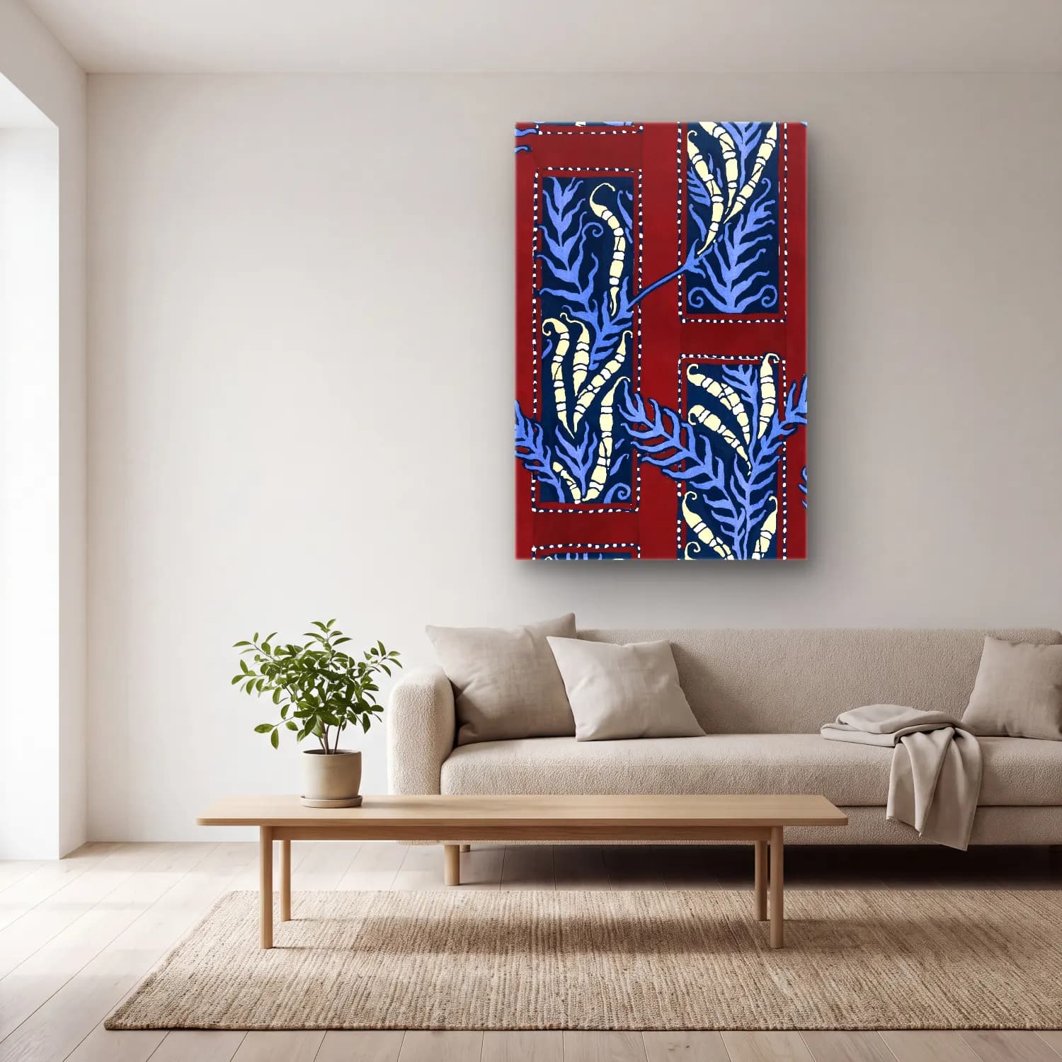 Boho Çiçek Deseni No. 99 cam tablo — açık renk salonda