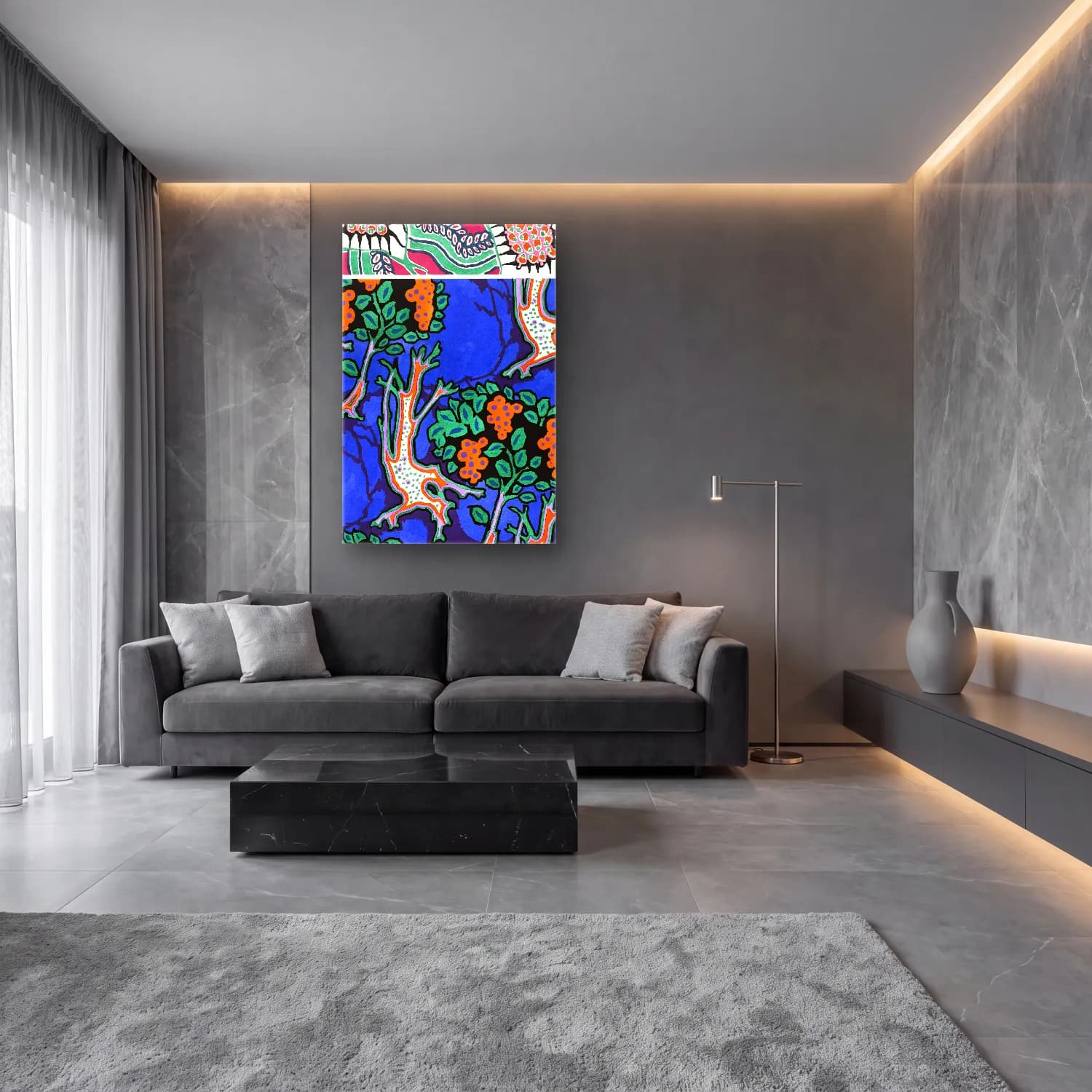 Maksimalist Çiçek Deseni No. 21 cam tablo — lüks salon duvarında