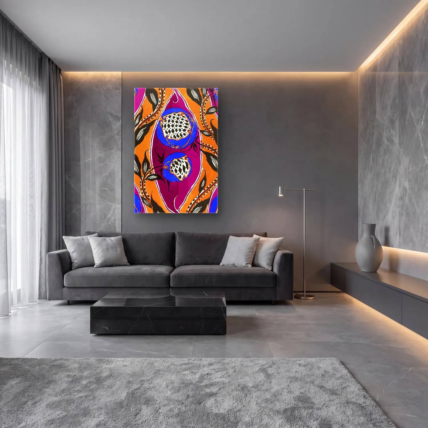 Boho Çiçek Deseni No. 100 cam tablo — lüks salon duvarında