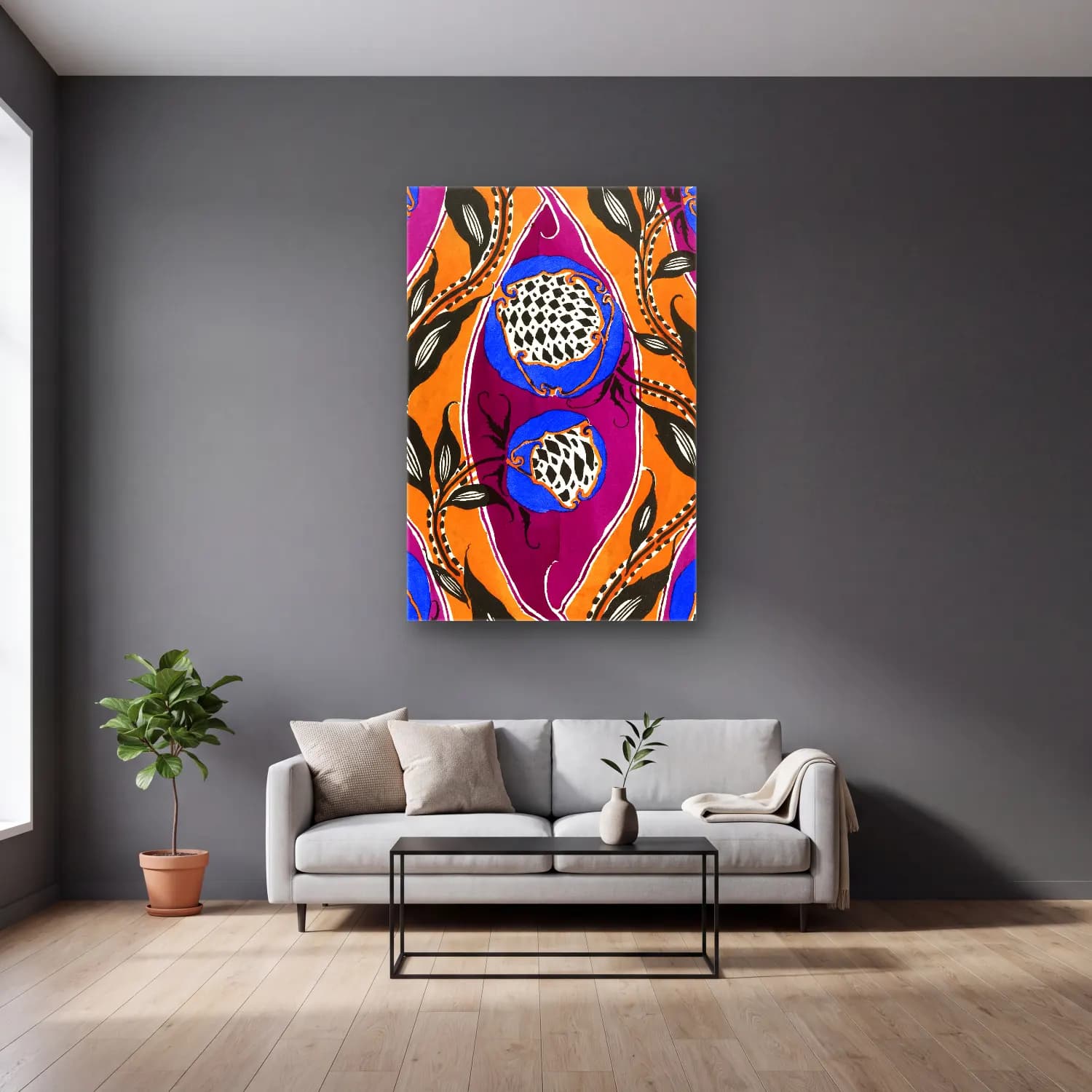 Boho Çiçek Deseni No. 100 cam tablo — gri duvarlı salonda