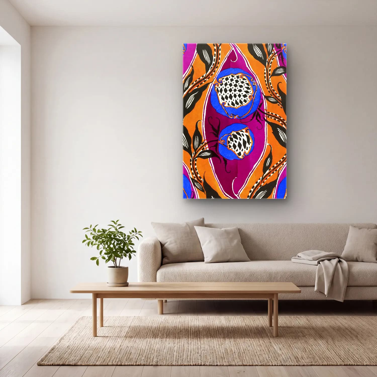 Boho Çiçek Deseni No. 100 cam tablo — açık renk salonda