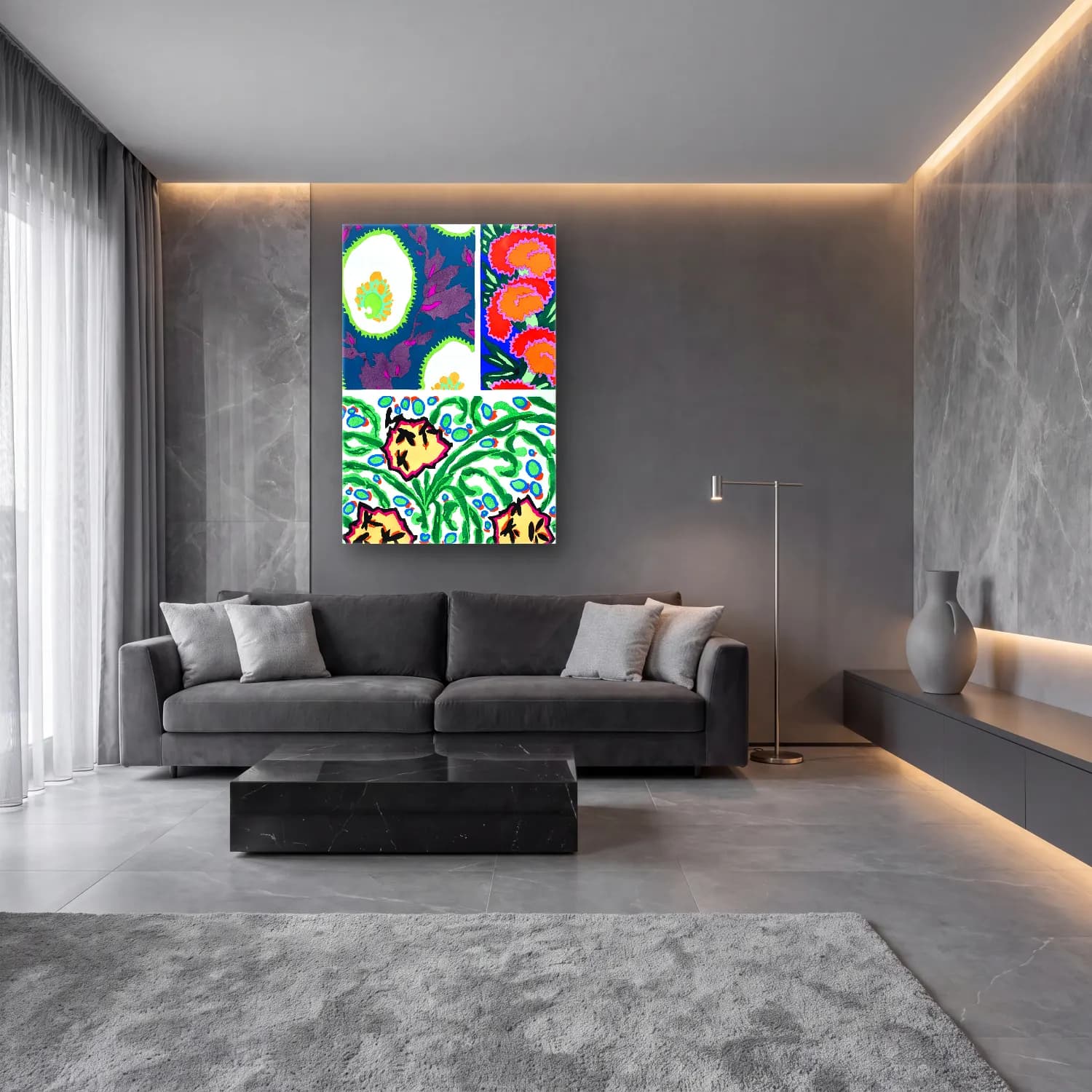 Maksimalist Çiçek Deseni – Yeşil Tonlar cam tablo — lüks salon duvarında