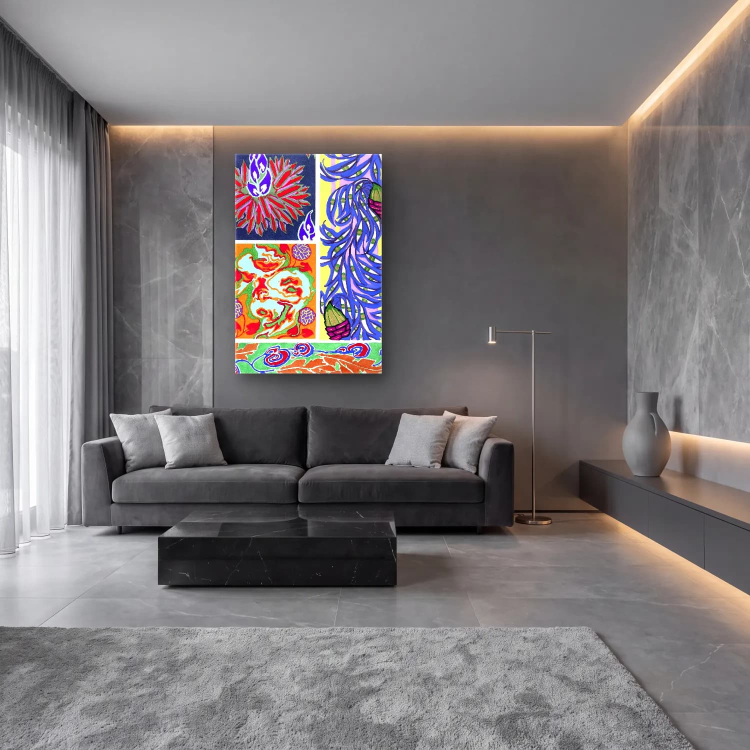 Maksimalist Çiçek Deseni No. 24 cam tablo — lüks salon duvarında