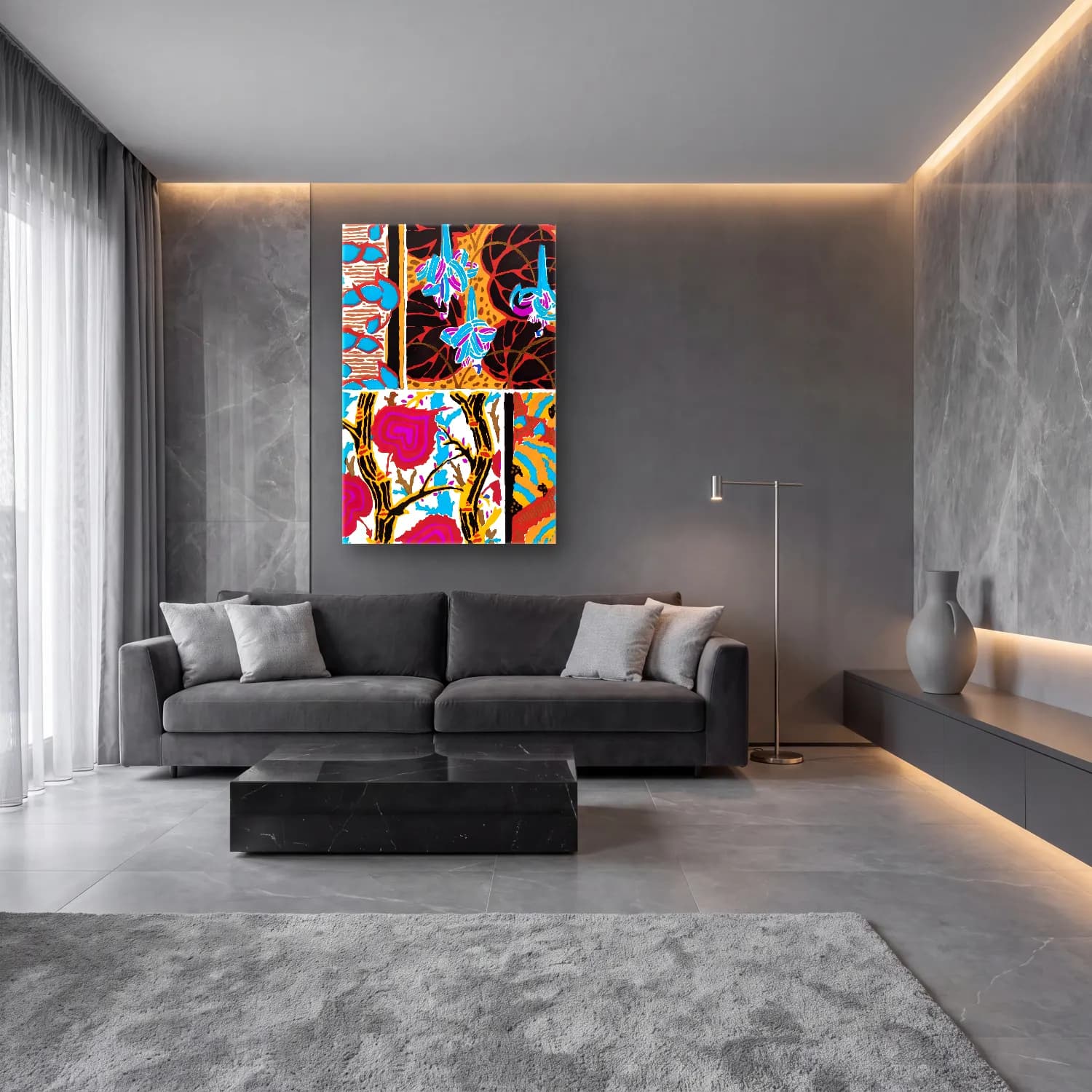 Maksimalist Çiçek Deseni No. 31 cam tablo — lüks salon duvarında