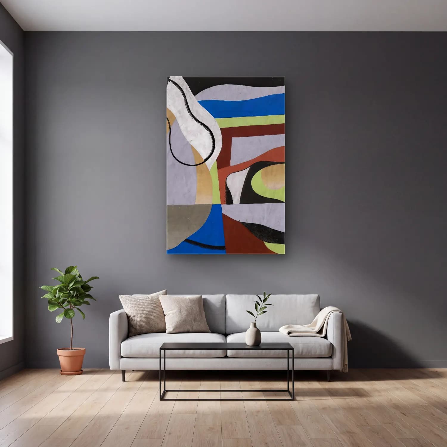 Georges Valmier – Composition, Motif Decoratif (circa 1925-1930) – Mavi Tonlar cam tablo — gri duvarlı salonda