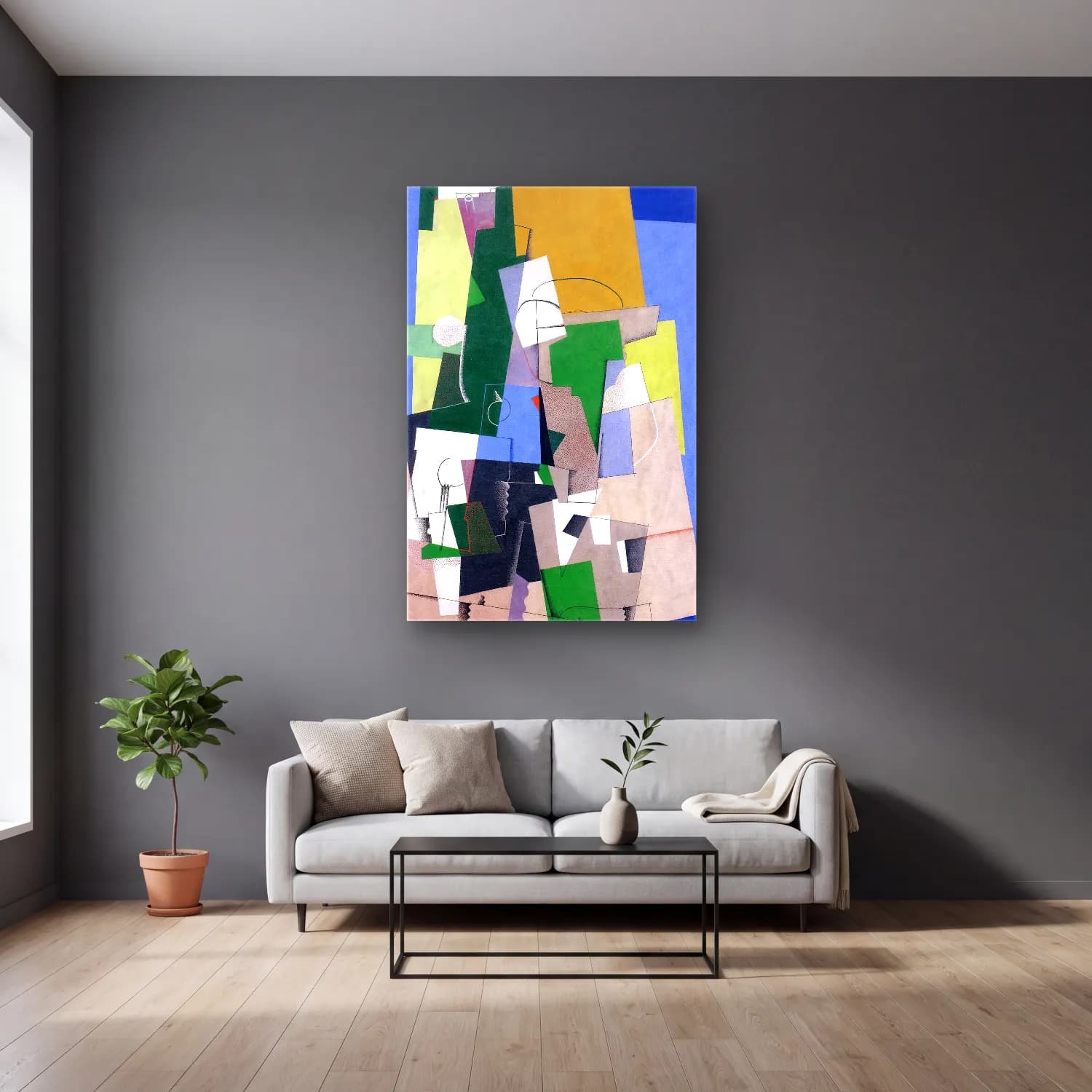 Georges Valmier – Cubist Composition – Yeşil Tonlar cam tablo — gri duvarlı salonda