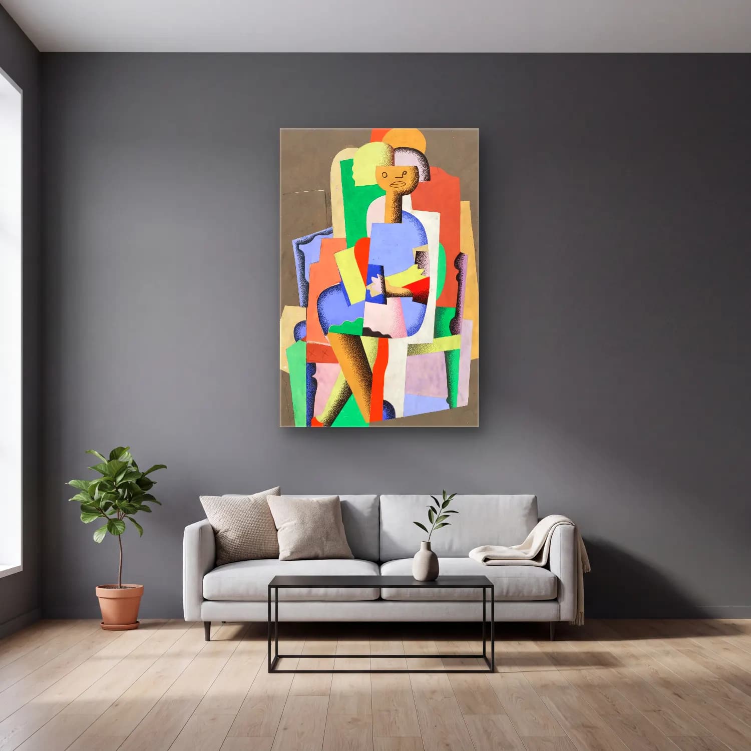 Georges Valmier – Jeune fille assise – Bej Tonlar cam tablo — gri duvarlı salonda
