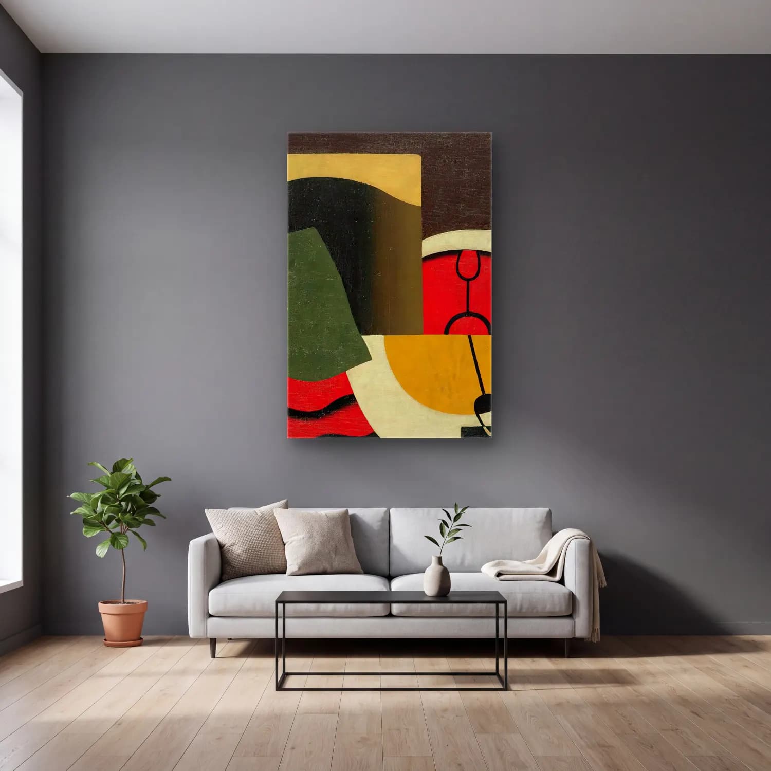 Georges Valmier – Le Temps ( 1929) – Yeşil Tonlar cam tablo — gri duvarlı salonda