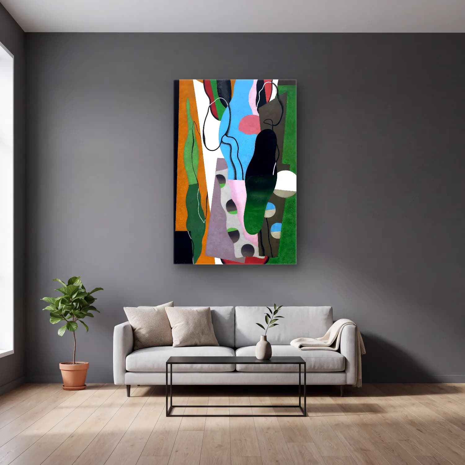 Georges Valmier – Les Tulipes (The Tulips) – Yeşil Tonlar cam tablo — gri duvarlı salonda