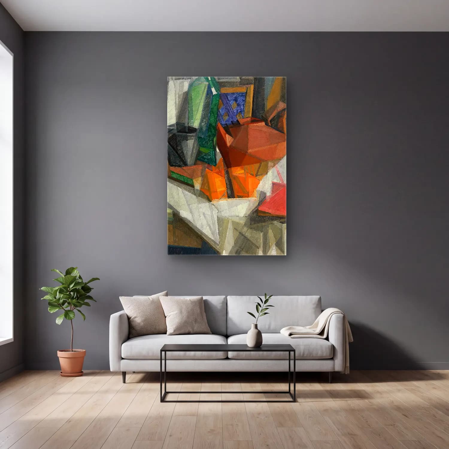 Georges Valmier – Nature Morte No – Turuncu Tonlar cam tablo — gri duvarlı salonda