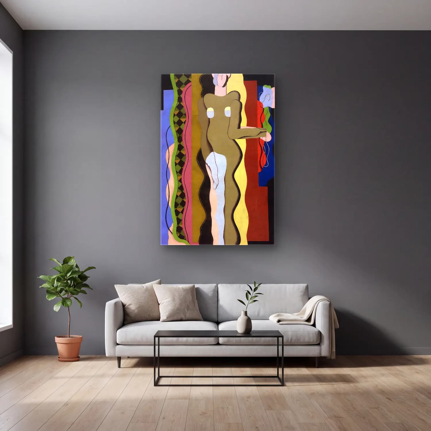 Georges Valmier – Nude with a flower – Bej Tonlar cam tablo — gri duvarlı salonda
