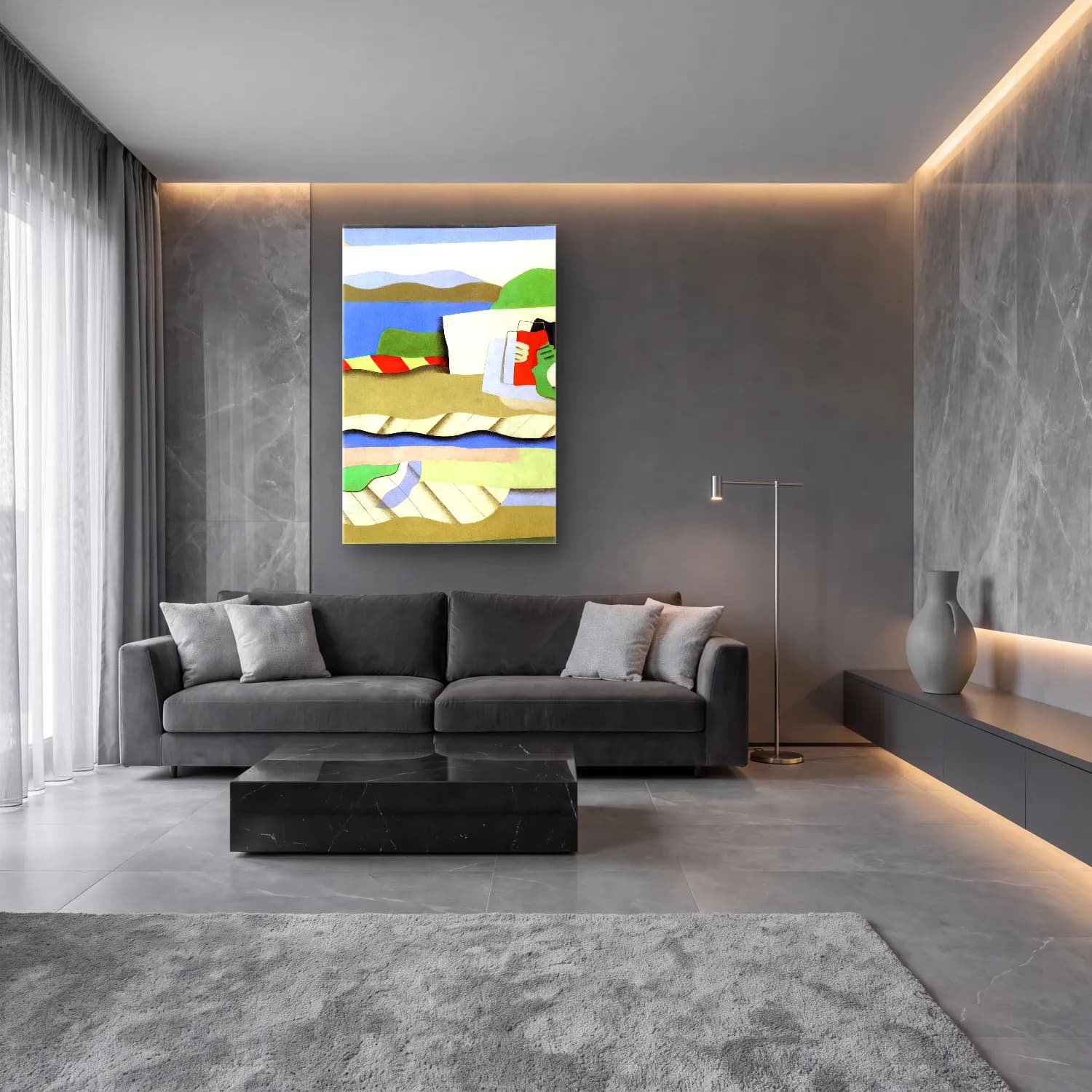 Georges Valmier – Reclining girl – Bej Tonlar cam tablo — lüks salon duvarında