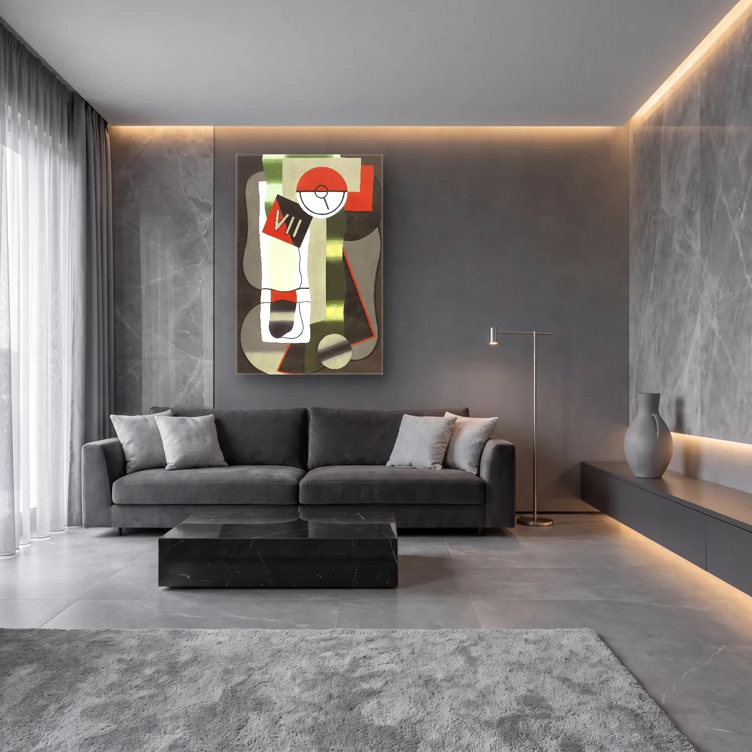 Georges Valmier – Time – Siyah Beyaz Tonlar cam tablo — lüks salon duvarında