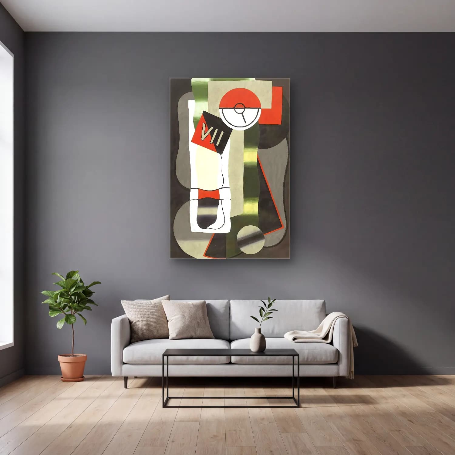 Georges Valmier – Time – Siyah Beyaz Tonlar cam tablo — gri duvarlı salonda