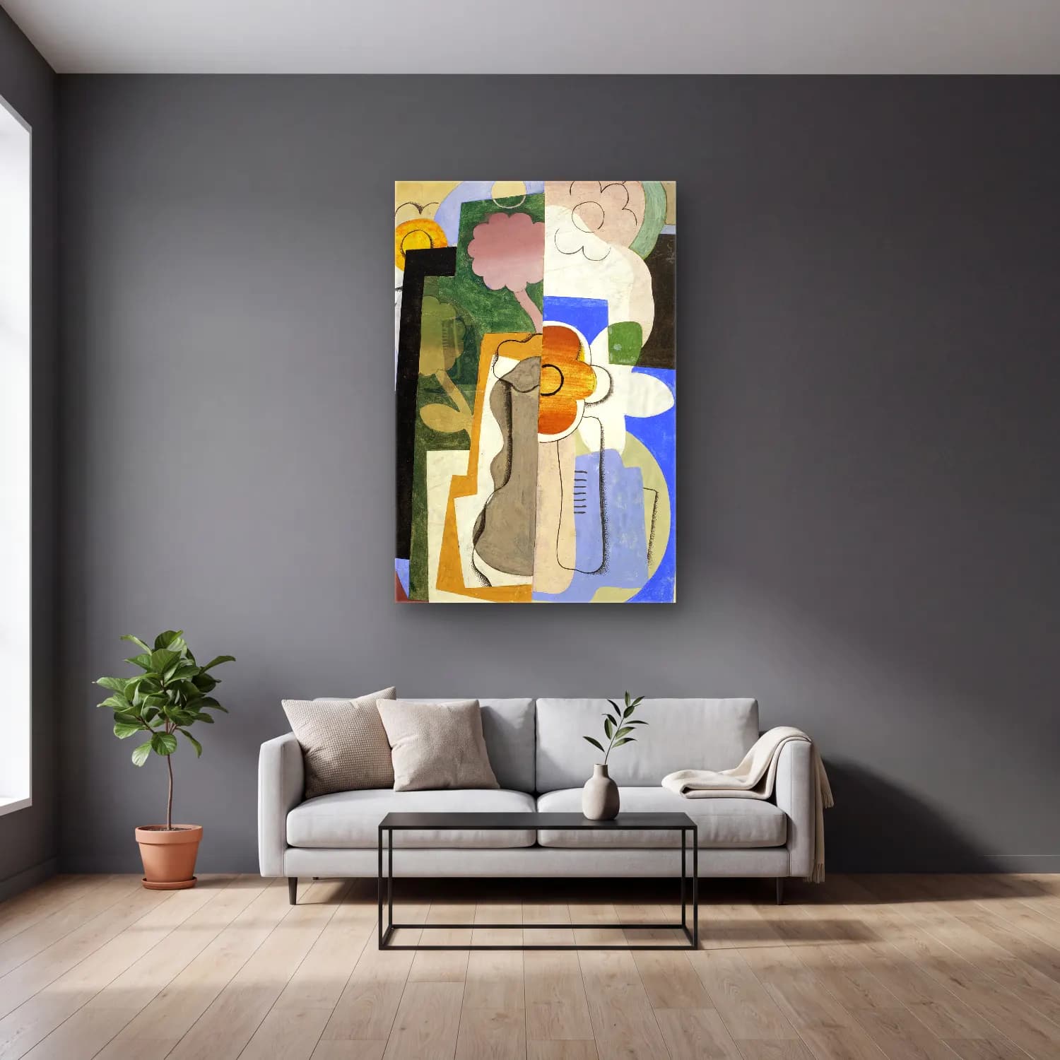 Georges Valmier – Vase de fleurs No. 5 cam tablo — gri duvarlı salonda