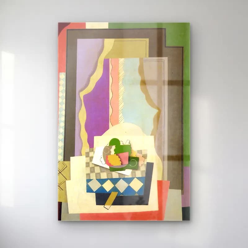 Georges Valmier – still life in front of the window – Bej Tonlar cam tablo — Georges Valmier – still life in front of the window – Bej Tonlar — modern soyut ekmek ve pastalar