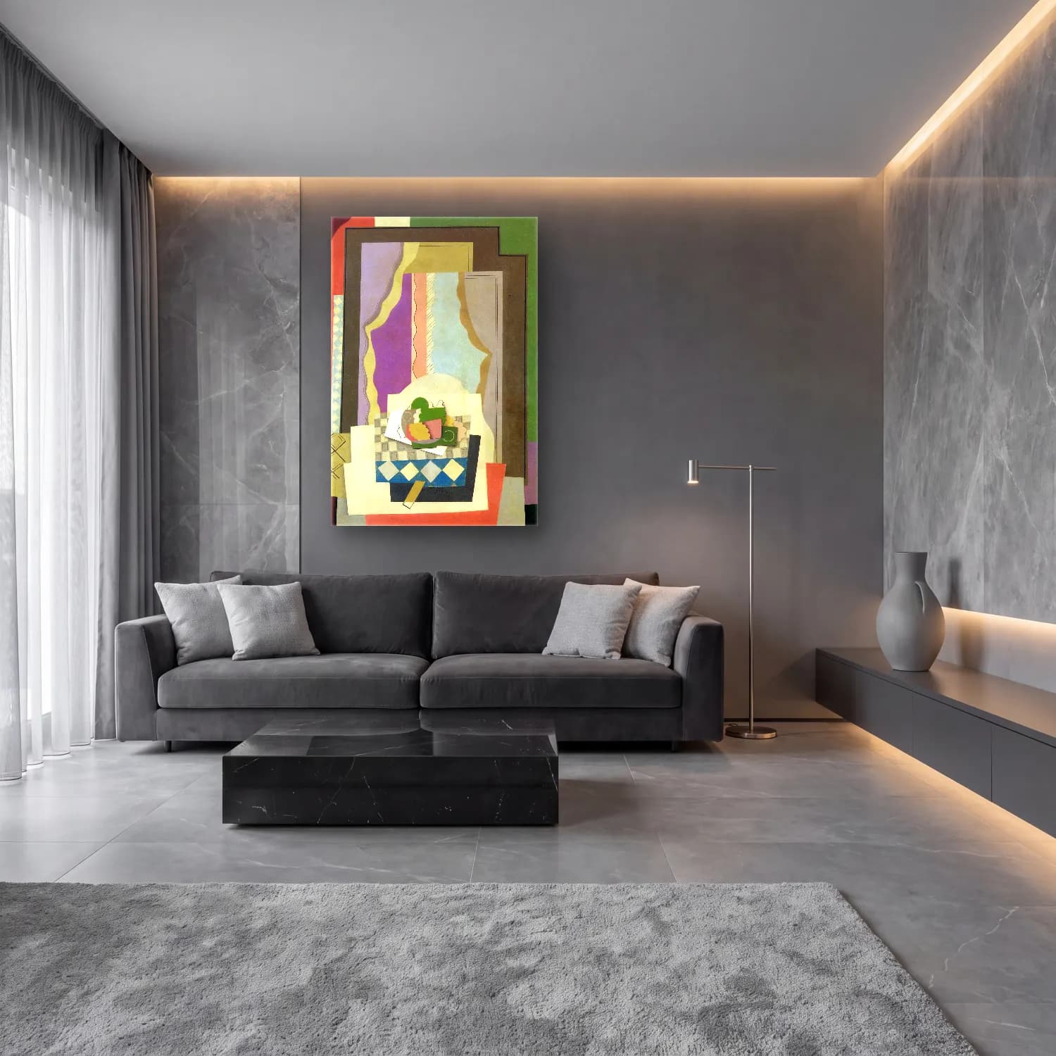 Georges Valmier – still life in front of the window – Bej Tonlar cam tablo — lüks salon duvarında