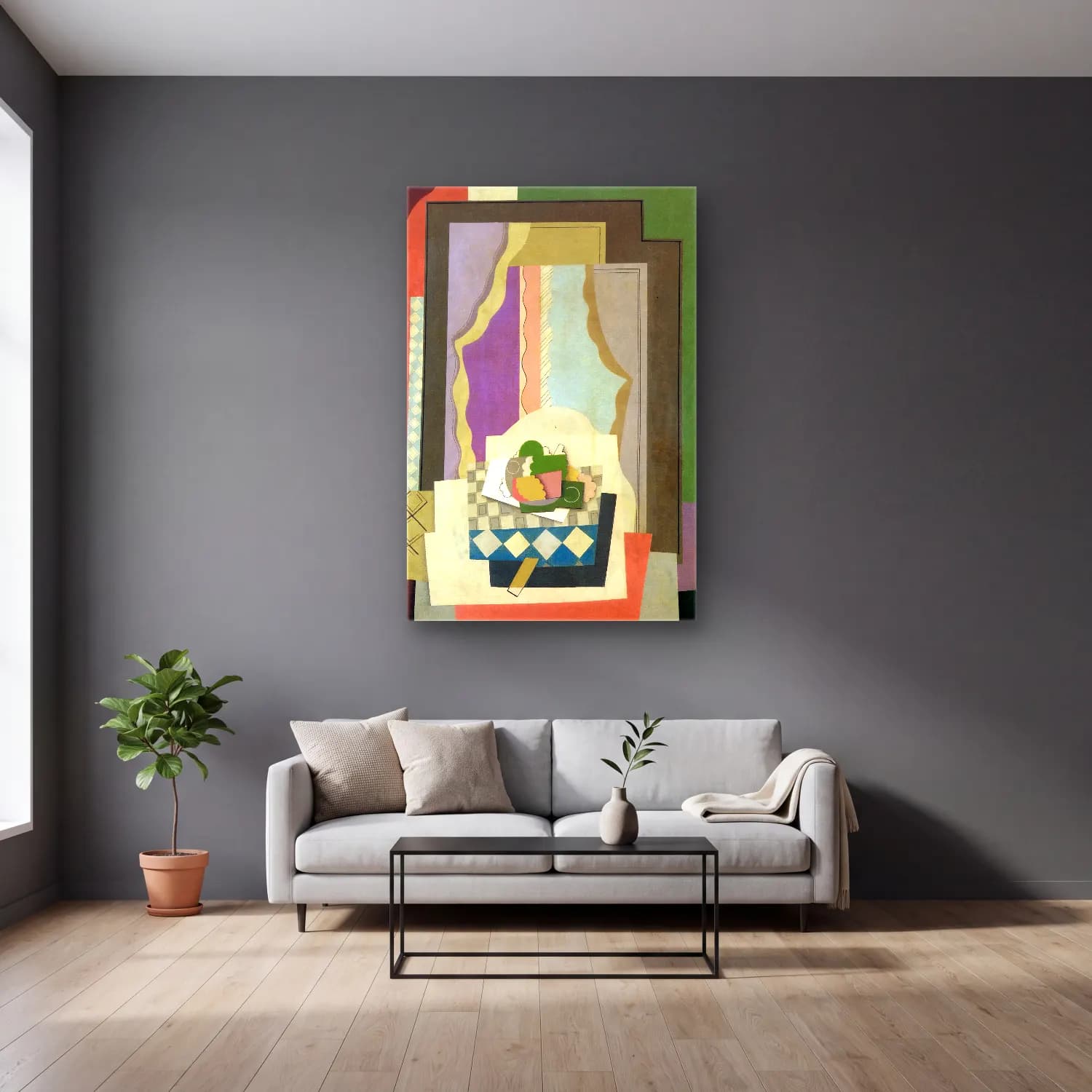 Georges Valmier – still life in front of the window – Bej Tonlar cam tablo — gri duvarlı salonda