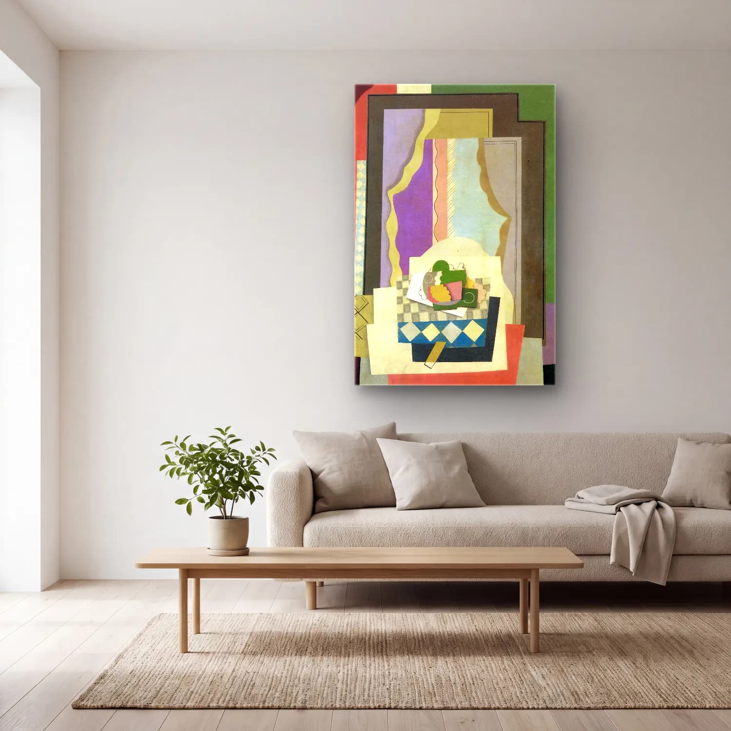 Georges Valmier – still life in front of the window – Bej Tonlar cam tablo — açık renk salonda