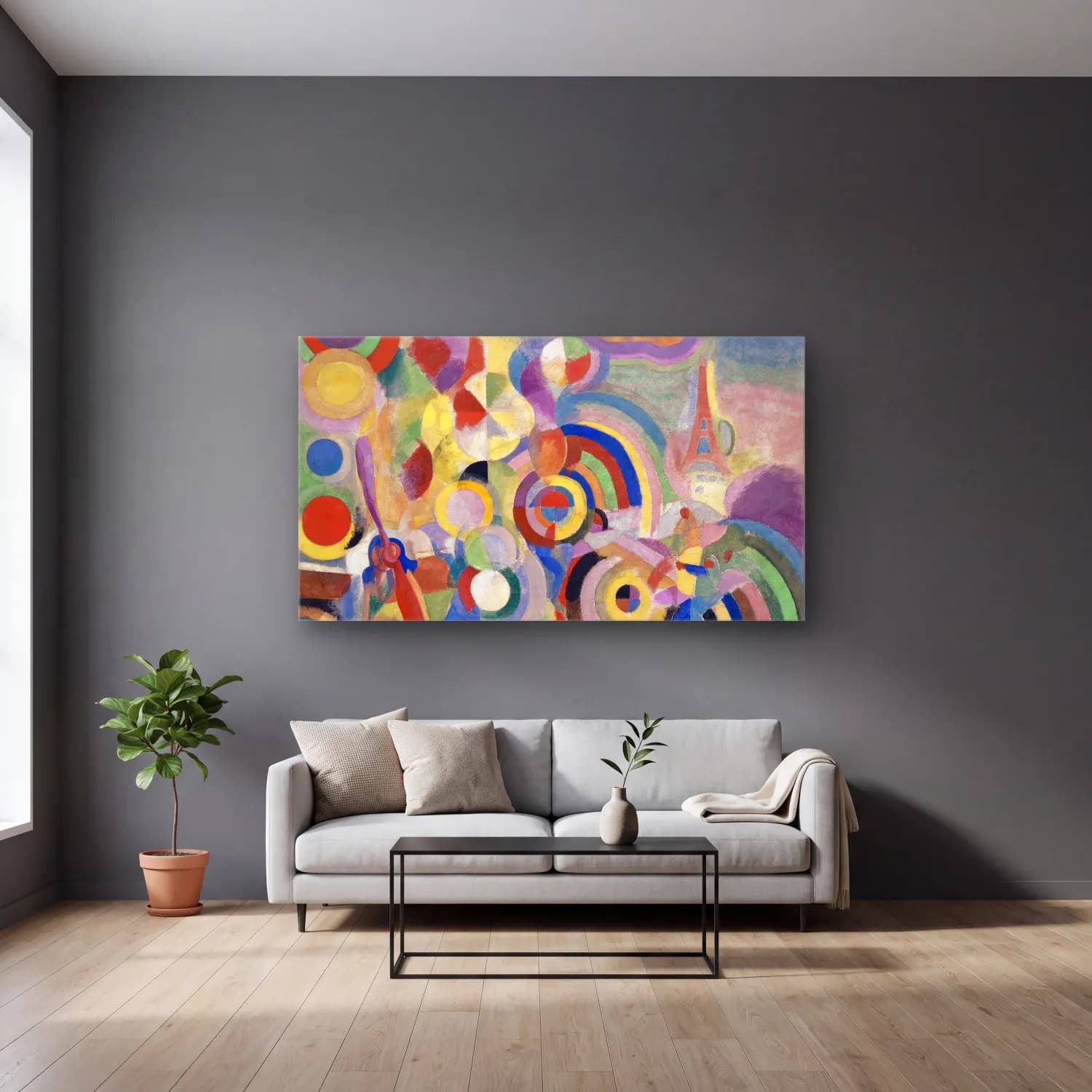 Robert Delaunay – Homage to Blériot cam tablo — gri duvarlı salonda