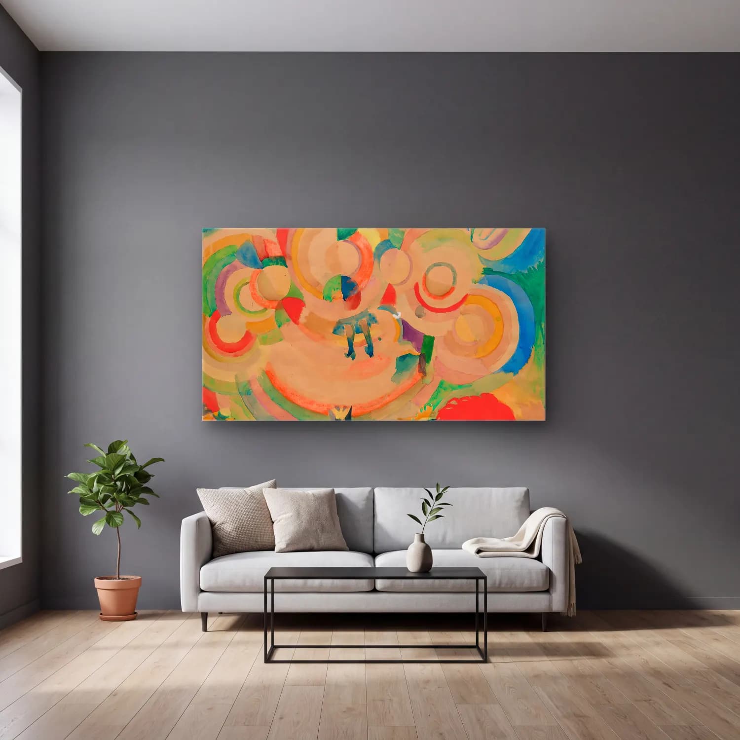 Robert Delaunay – Manège de cochons – Turuncu Tonlar cam tablo — gri duvarlı salonda