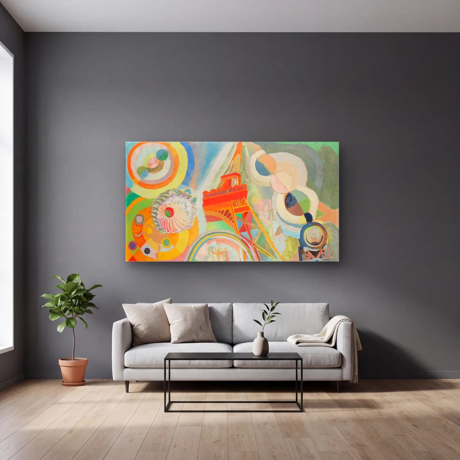 Robert Delaunay – Étude pour ‘Air, fer et eau’ – Pastel Tonlar cam tablo — gri duvarlı salonda