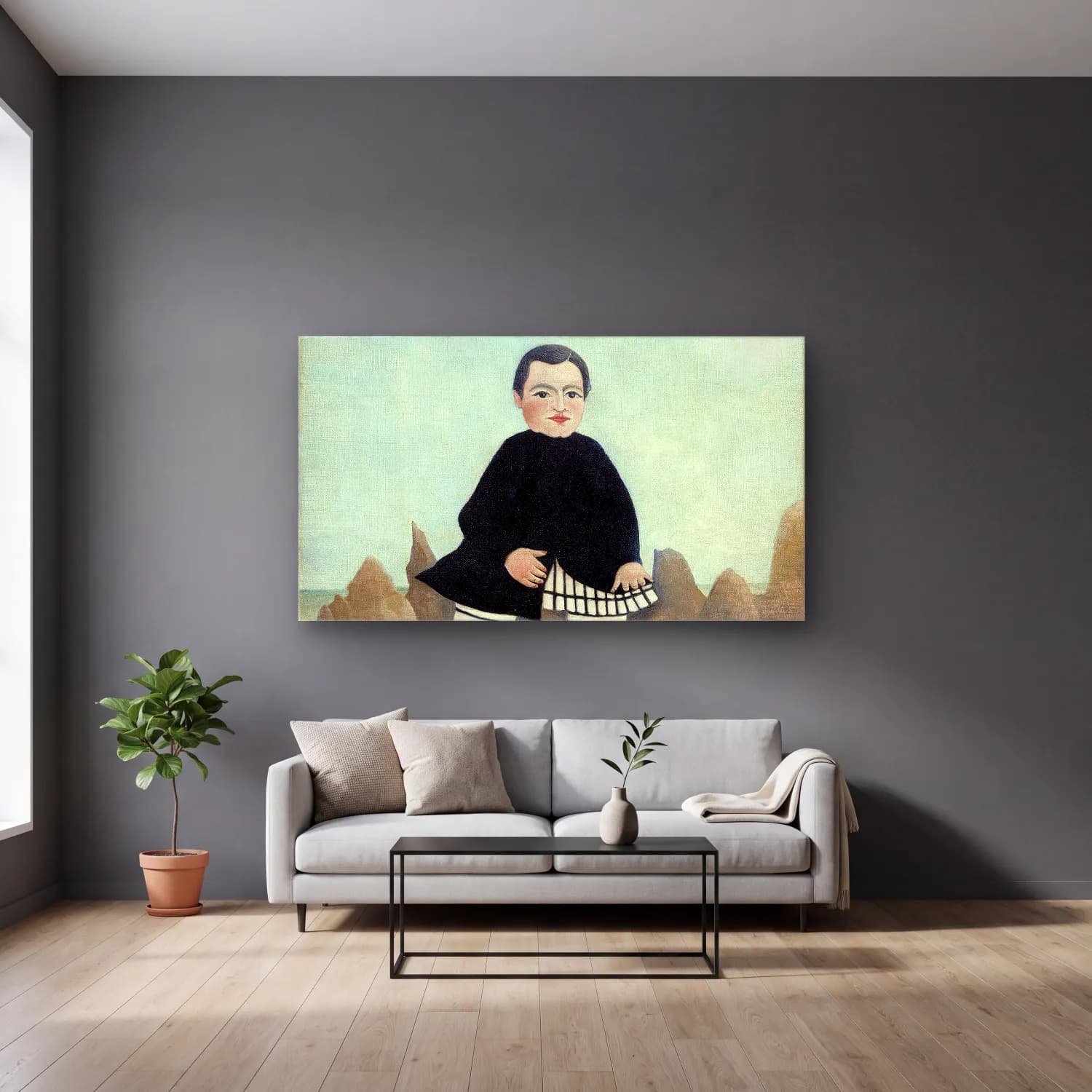 Henri Rousseau – Boy on the Rocks cam tablo — gri duvarlı salonda