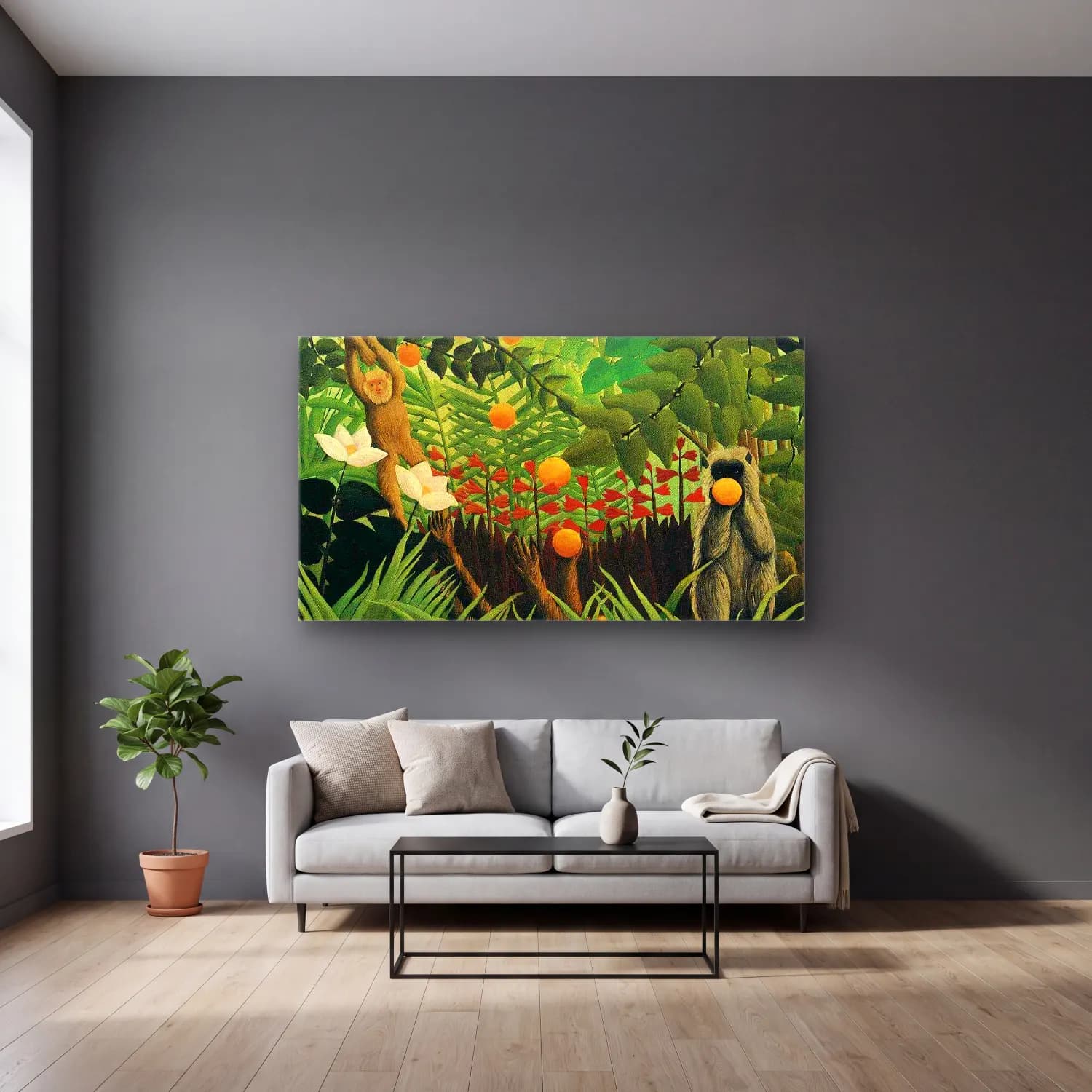 Henri Rousseau – Monkeys in the Jungle cam tablo — gri duvarlı salonda