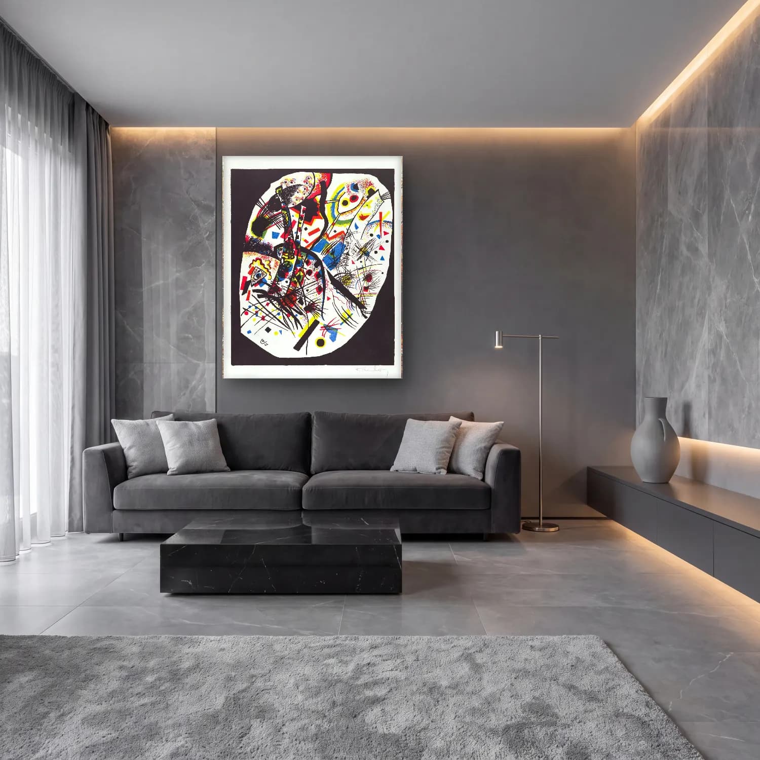 Modern Soyut Yüz No. 33 cam tablo — lüks salon duvarında