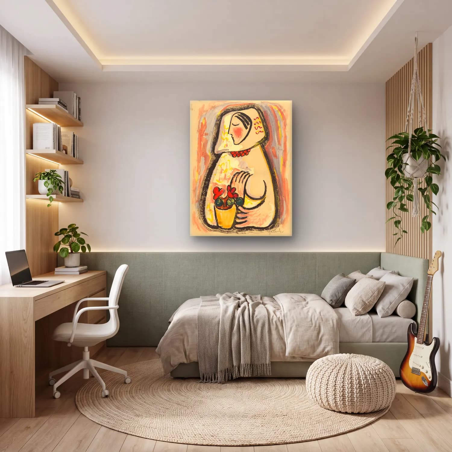 Boho Elbiseli Kadın – Pastel Tonlar cam tablo — genç odasında