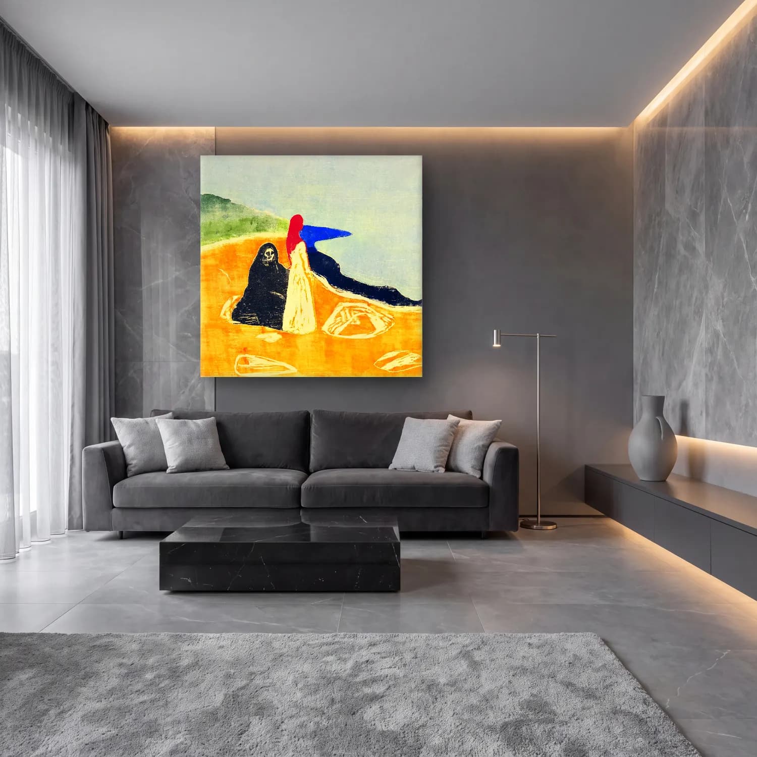 Suluboya Sahilde İnsanlar – Siyah Beyaz Tonlar cam tablo — lüks salon duvarında
