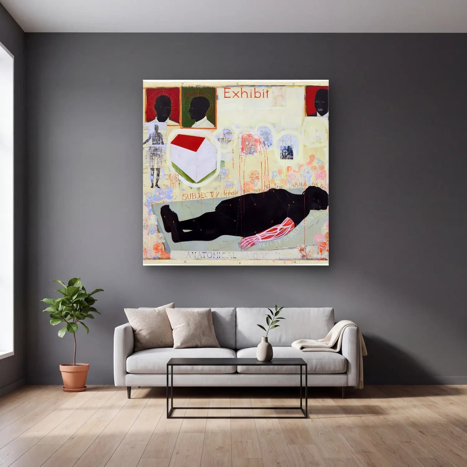 Kerry James Marshall – Erkek Portresi – Siyah Beyaz Tonlar cam tablo — gri duvarlı salonda