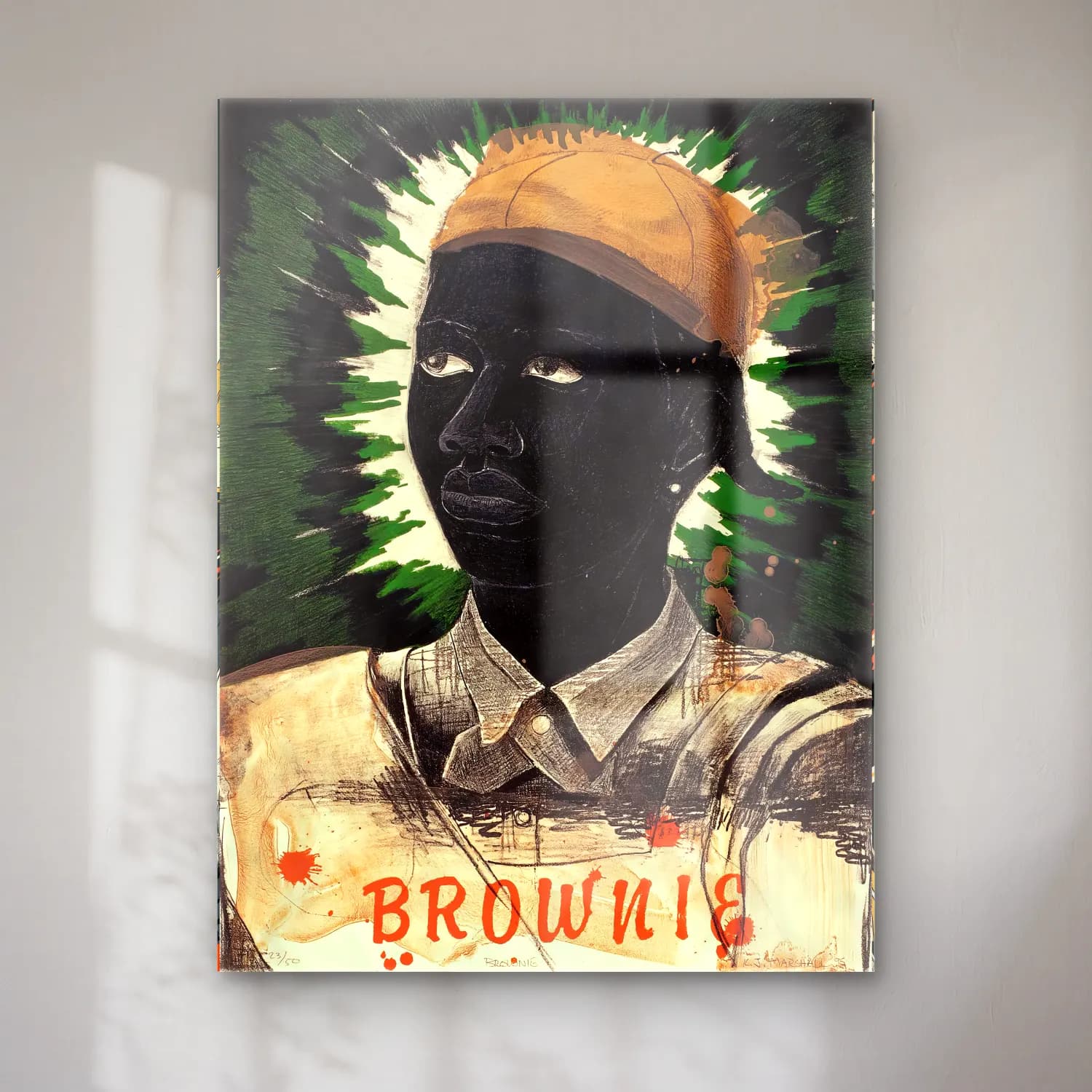 Kerry James Marshall – Erkek Portresi No. 4 cam tablo — Kerry James Marshall – Erkek Portresi No. 4 — siyah beyaz erkek portresi