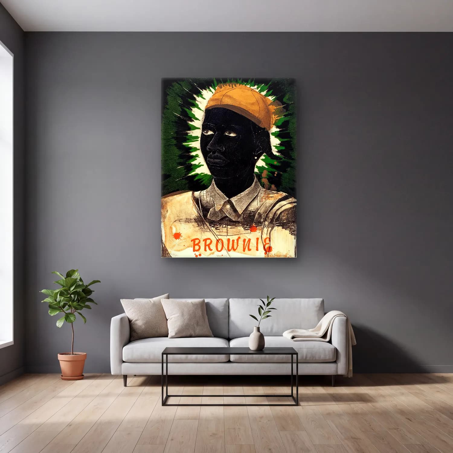 Kerry James Marshall – Erkek Portresi No. 4 cam tablo — gri duvarlı salonda