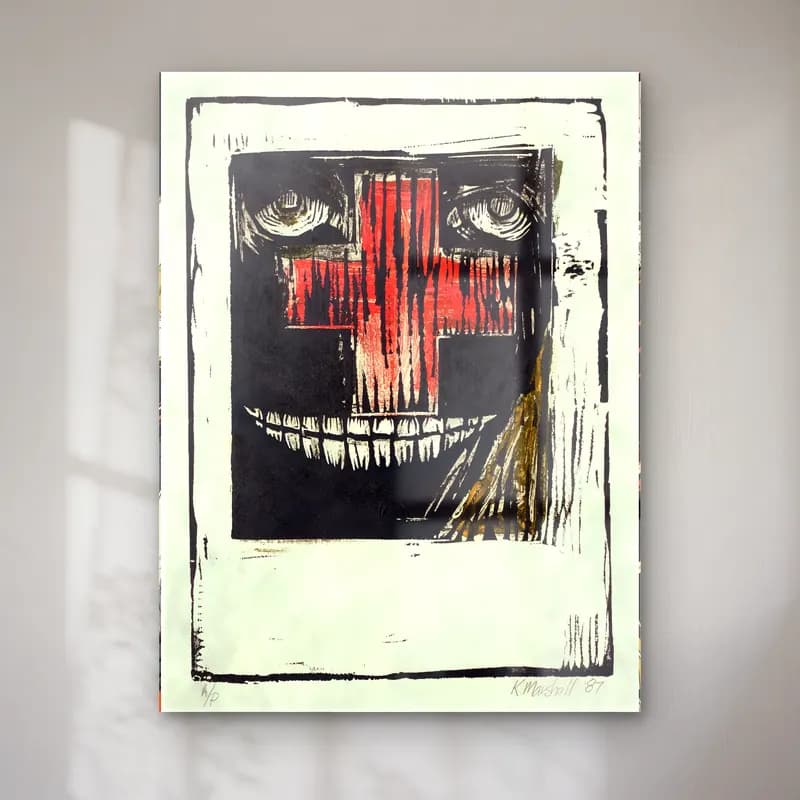 Kerry James Marshall – Soyut Yüz cam tablo — Kerry James Marshall – Soyut Yüz — siyah beyaz soyut yüz
