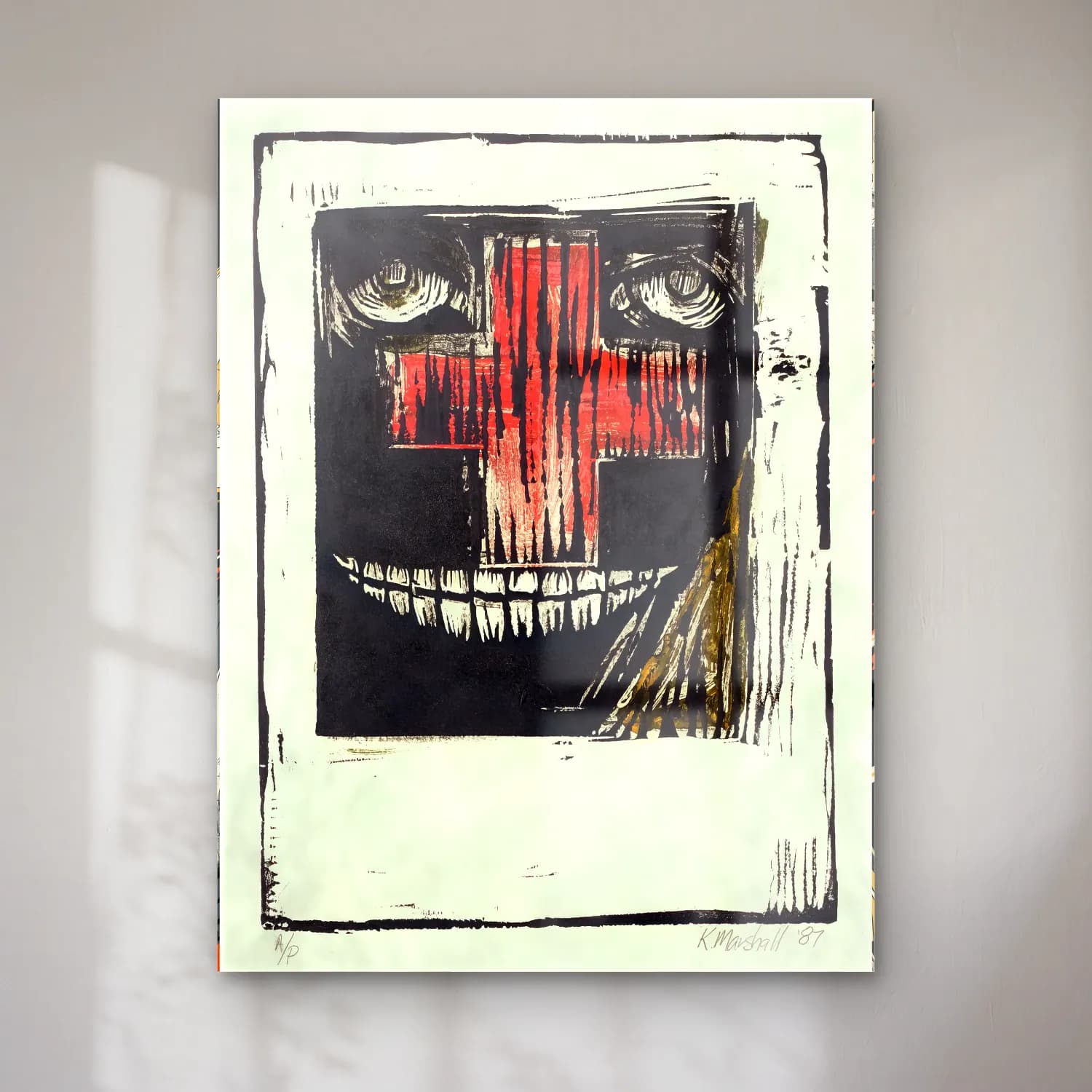 Kerry James Marshall – Soyut Yüz cam tablo — Kerry James Marshall – Soyut Yüz — siyah beyaz soyut yüz