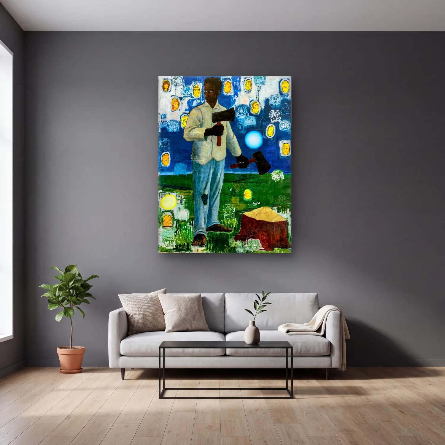 Kerry James Marshall – Erkek Portresi – Sarı Tonlar cam tablo — gri duvarlı salonda