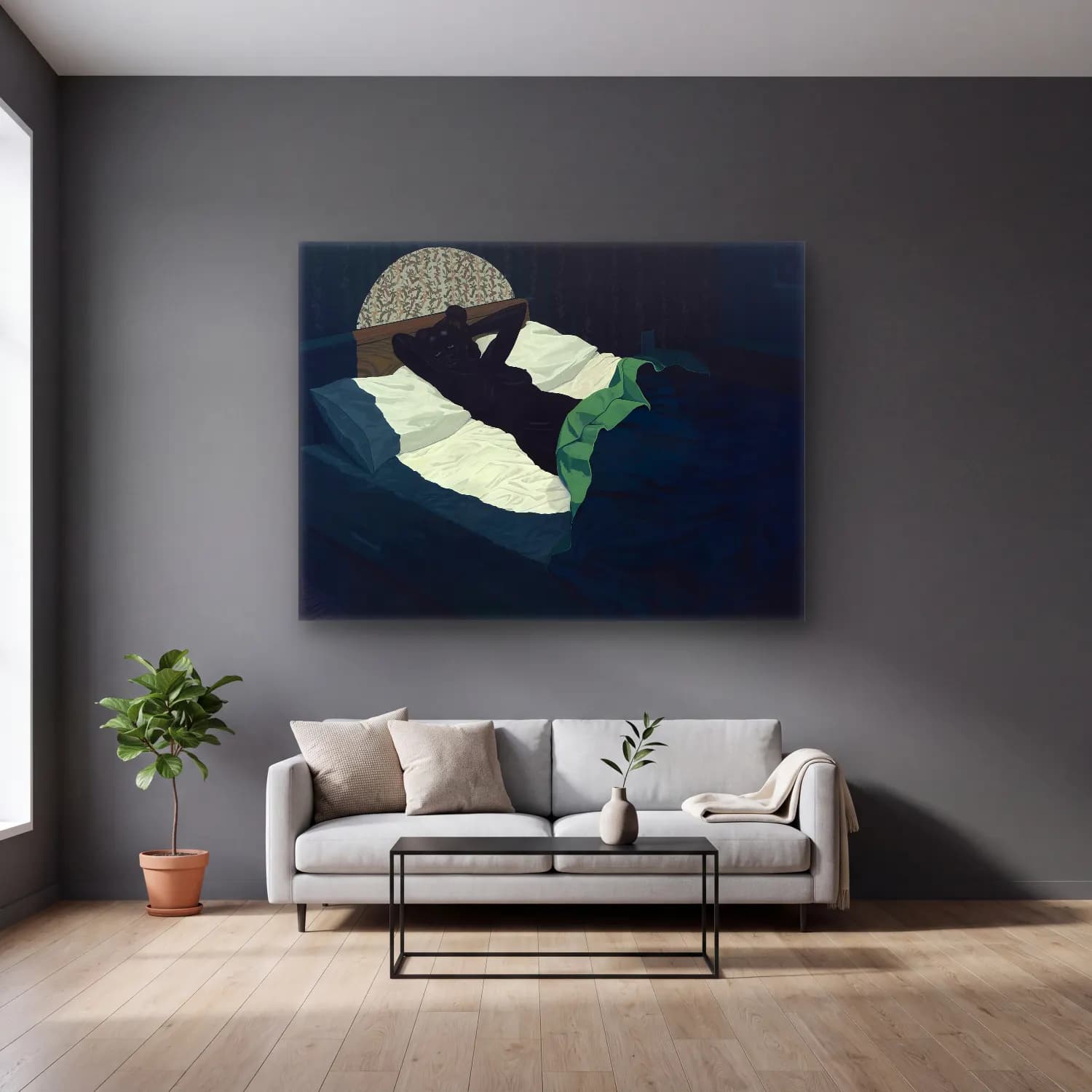 Kerry James Marshall – Figür Çalışması – Turkuaz Tonlar cam tablo — gri duvarlı salonda