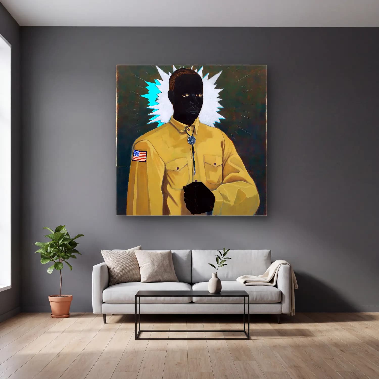 Kerry James Marshall – Erkek Portresi No. 7 cam tablo — gri duvarlı salonda