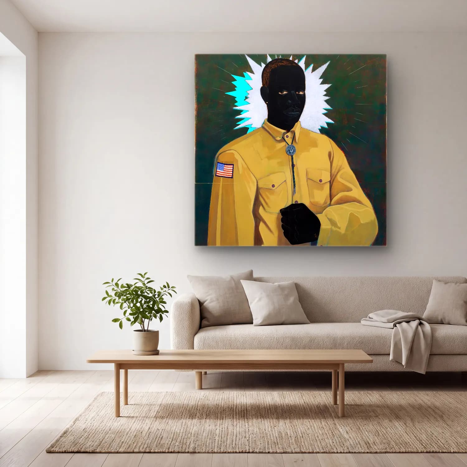 Kerry James Marshall – Erkek Portresi No. 7 cam tablo — açık renk salonda