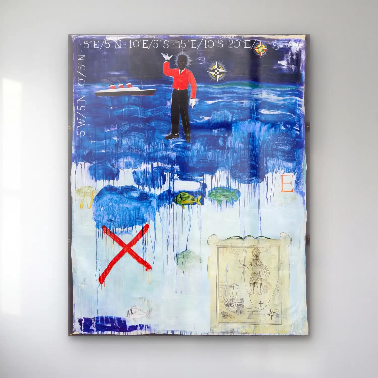 Kerry James Marshall – Erkek Portresi – Mavi Tonlar cam tablo — Kerry James Marshall – Erkek Portresi – Mavi Tonlar — modern soyut erkek portresi