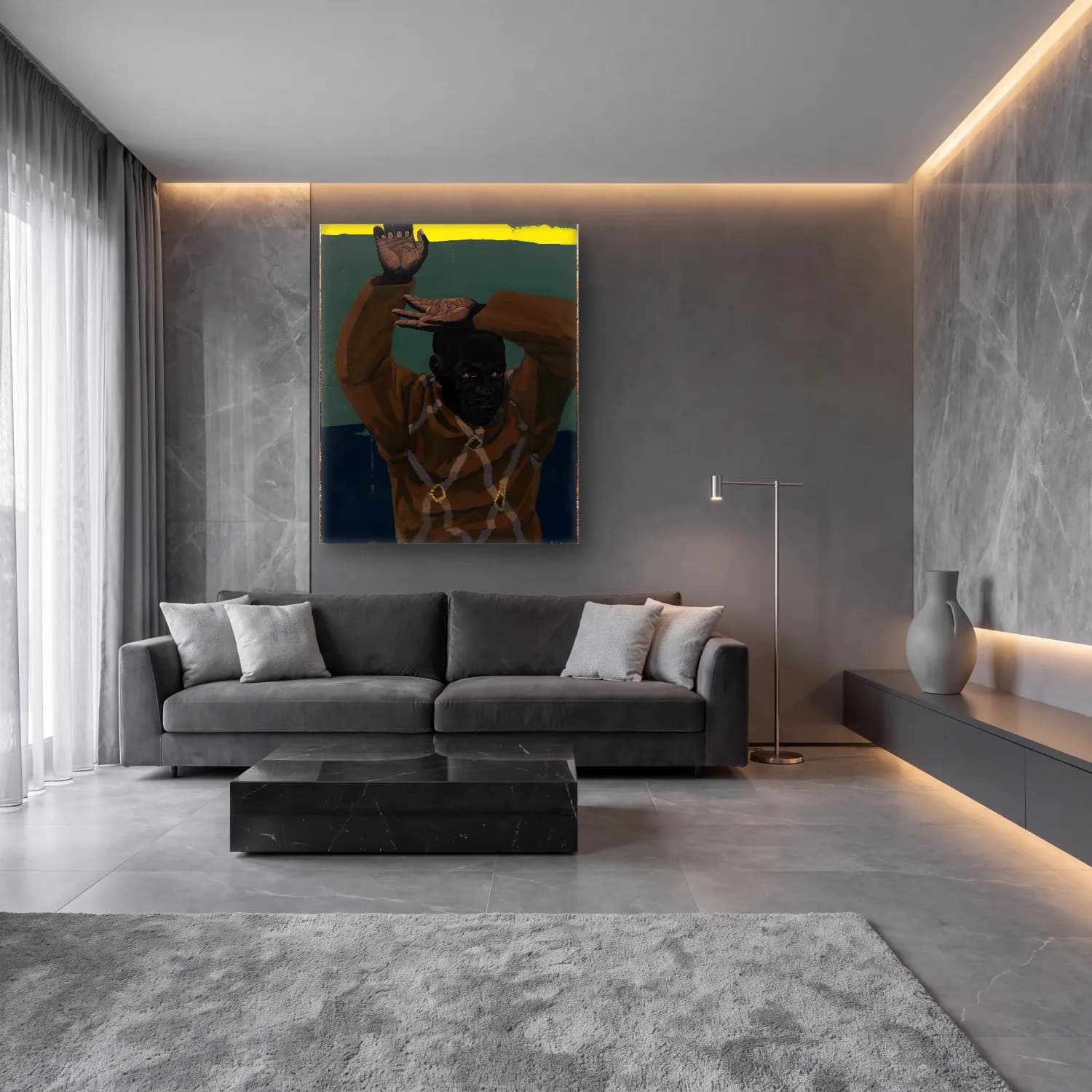 Kerry James Marshall – Erkek Portresi – Turkuaz Tonlar cam tablo — lüks salon duvarında