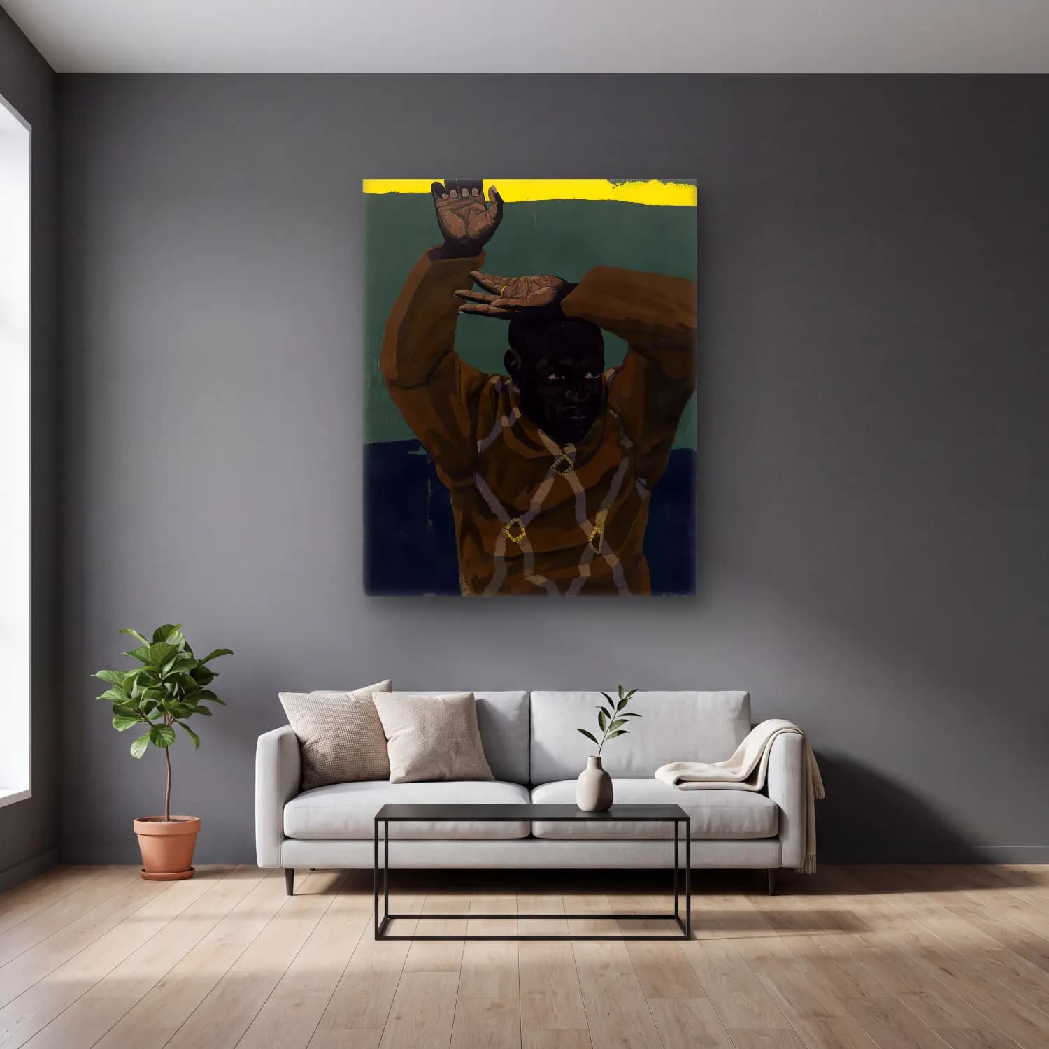 Kerry James Marshall – Erkek Portresi – Turkuaz Tonlar cam tablo — gri duvarlı salonda