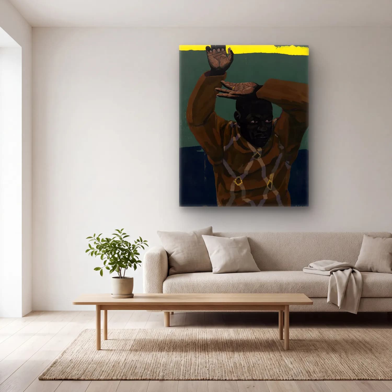 Kerry James Marshall – Erkek Portresi – Turkuaz Tonlar cam tablo — açık renk salonda