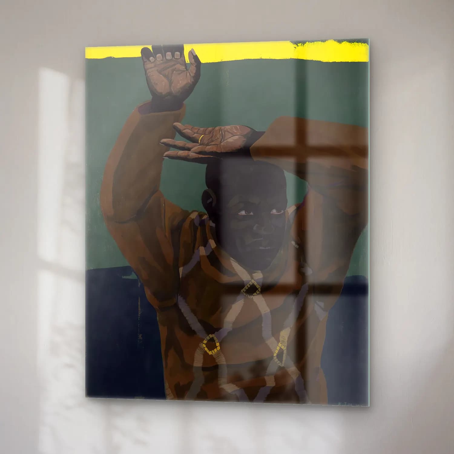 Kerry James Marshall – Erkek Portresi – Turkuaz Tonlar cam tablo — sağ açıdan görünüm