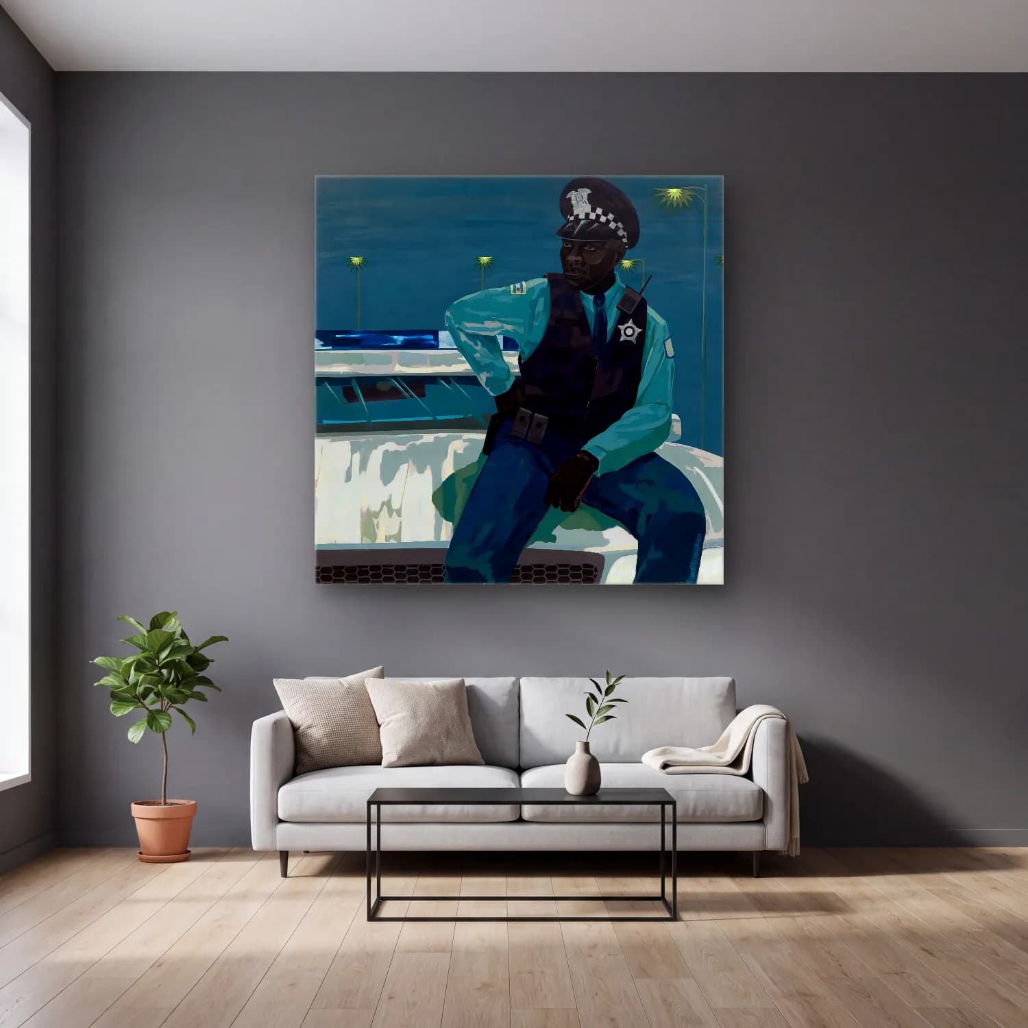Kerry James Marshall – Erkek Portresi No. 11 cam tablo — gri duvarlı salonda
