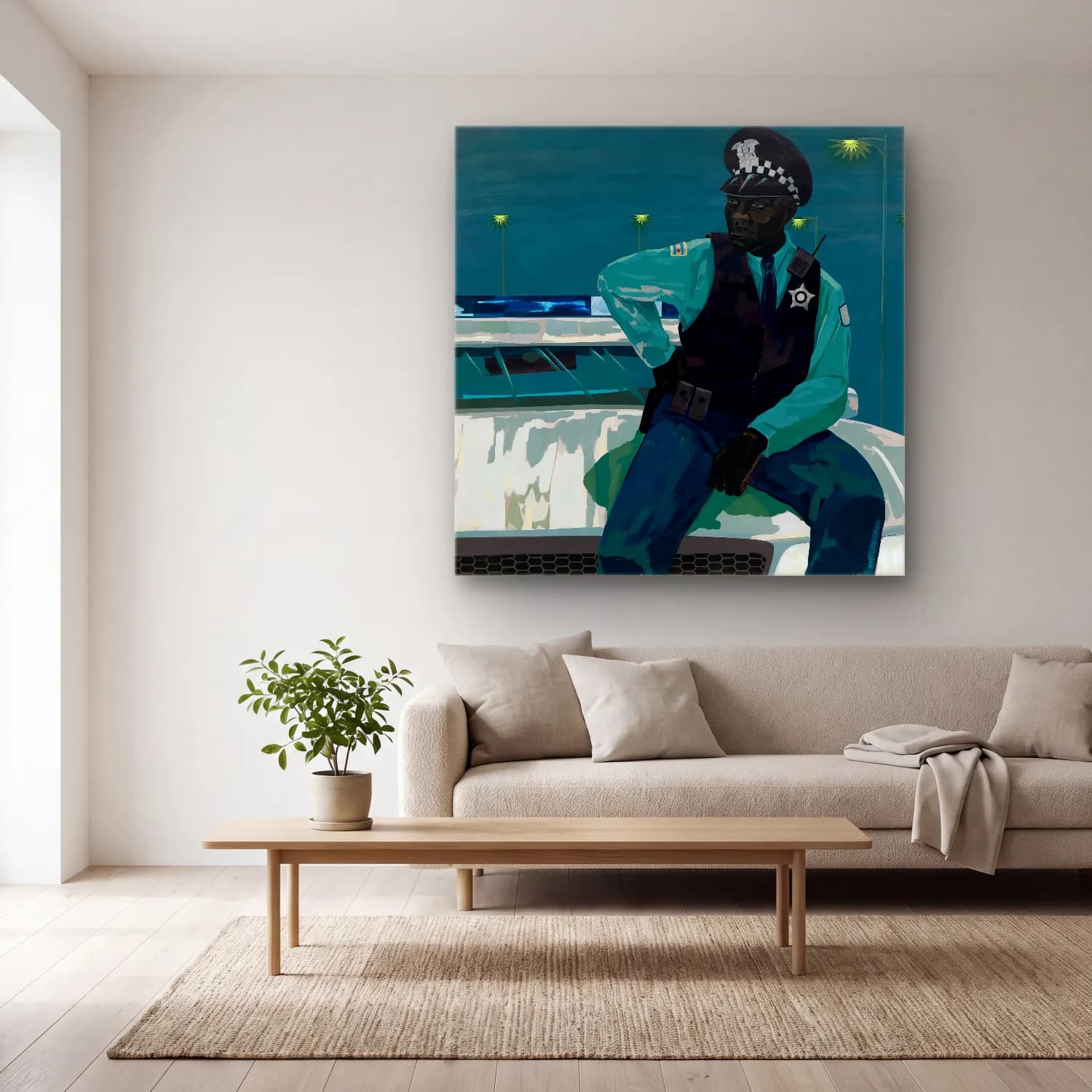 Kerry James Marshall – Erkek Portresi No. 11 cam tablo — açık renk salonda