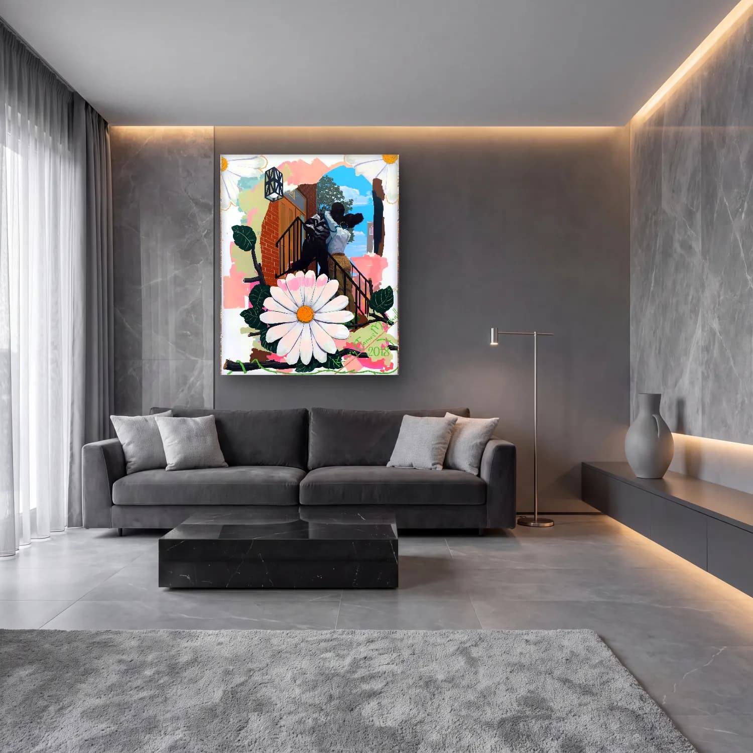 Kerry James Marshall – Aşıklar – Siyah Beyaz Tonlar cam tablo — lüks salon duvarında
