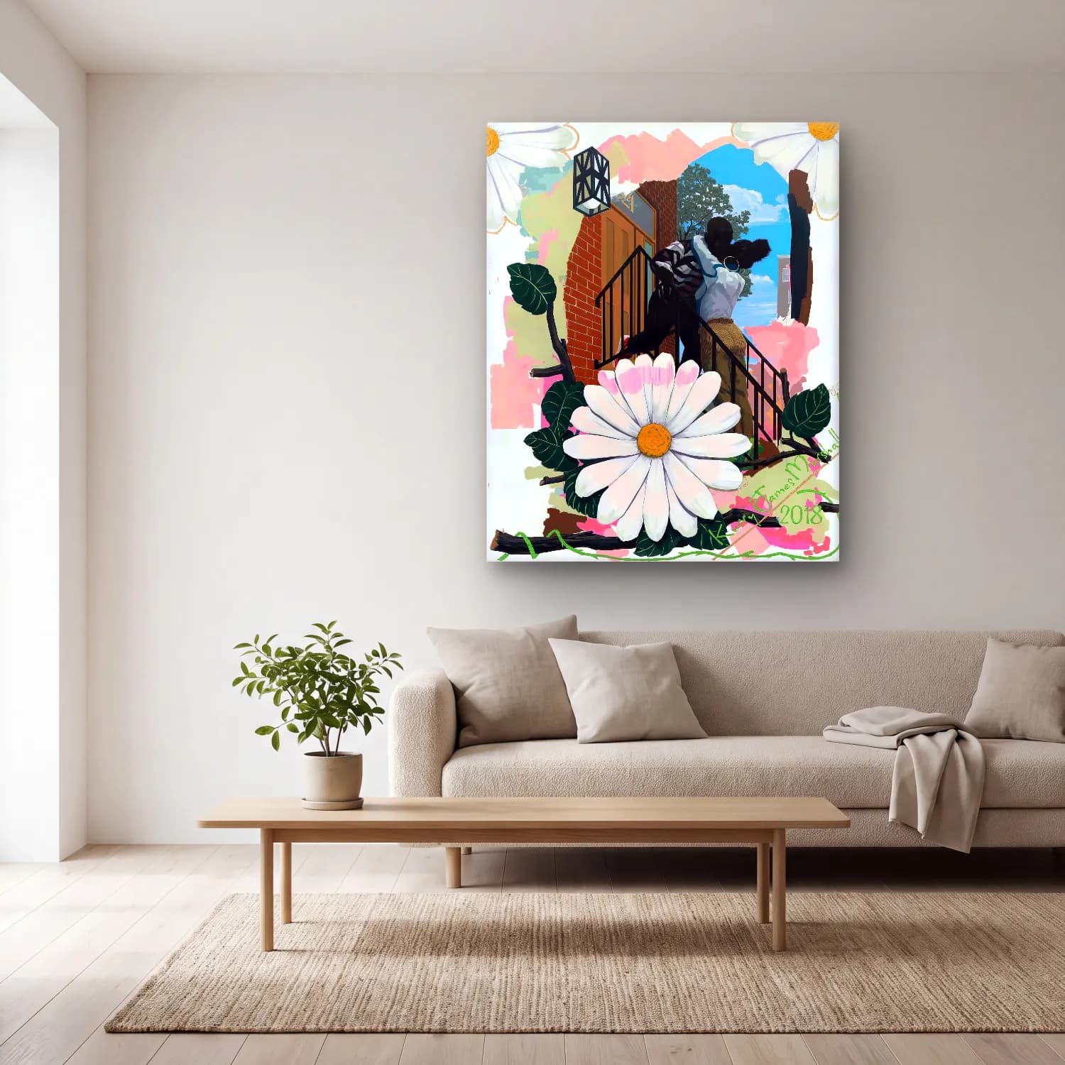 Kerry James Marshall – Aşıklar – Siyah Beyaz Tonlar cam tablo — açık renk salonda