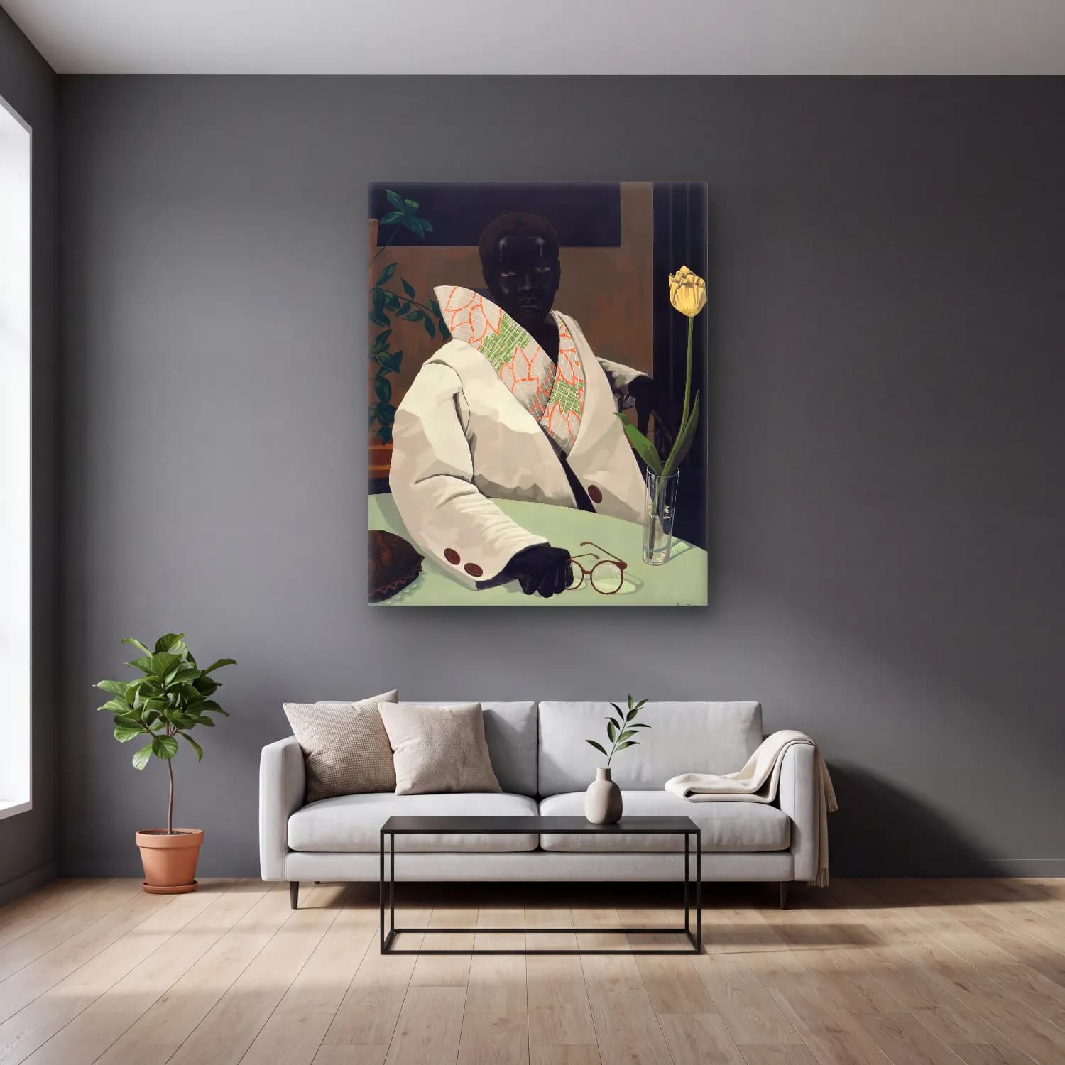 Kerry James Marshall – Erkek Portresi No. 6 cam tablo — gri duvarlı salonda